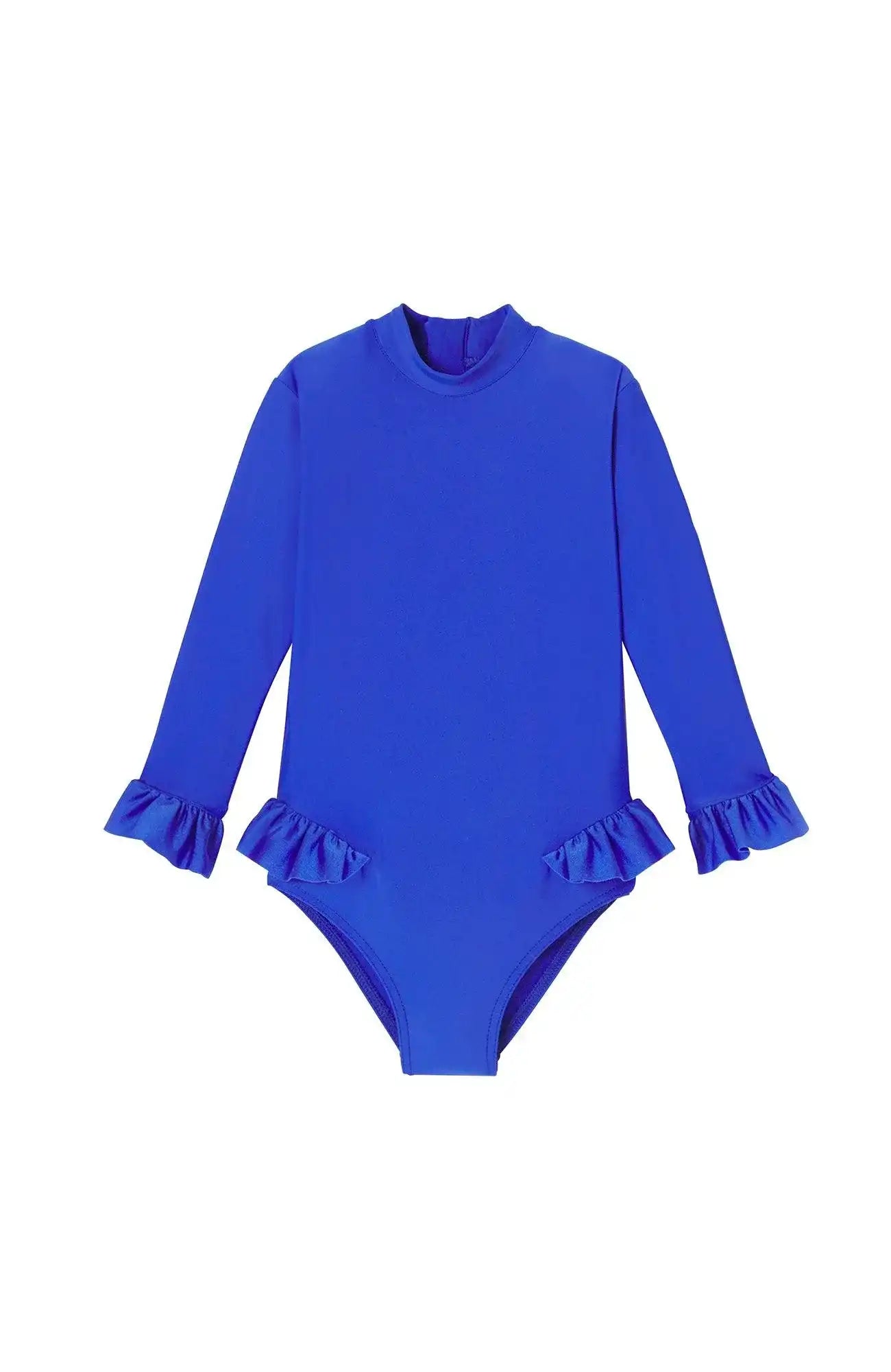 Blue baby girl long-sleeve anti-UV swimsuit with ruffles, Lison Paris beachwear
