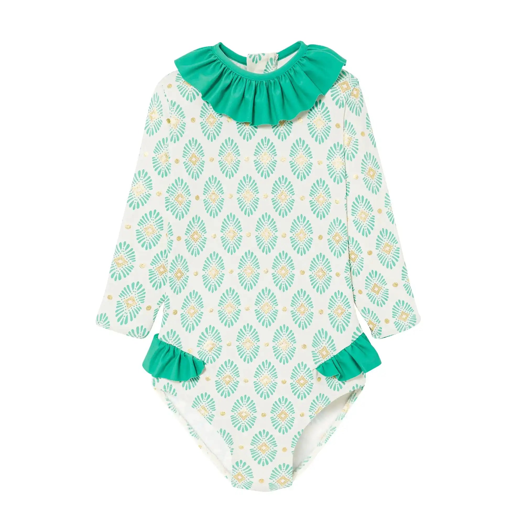 Baby girl long-sleeve UV swimsuit with green ruffle, printed pattern, Lison Paris
