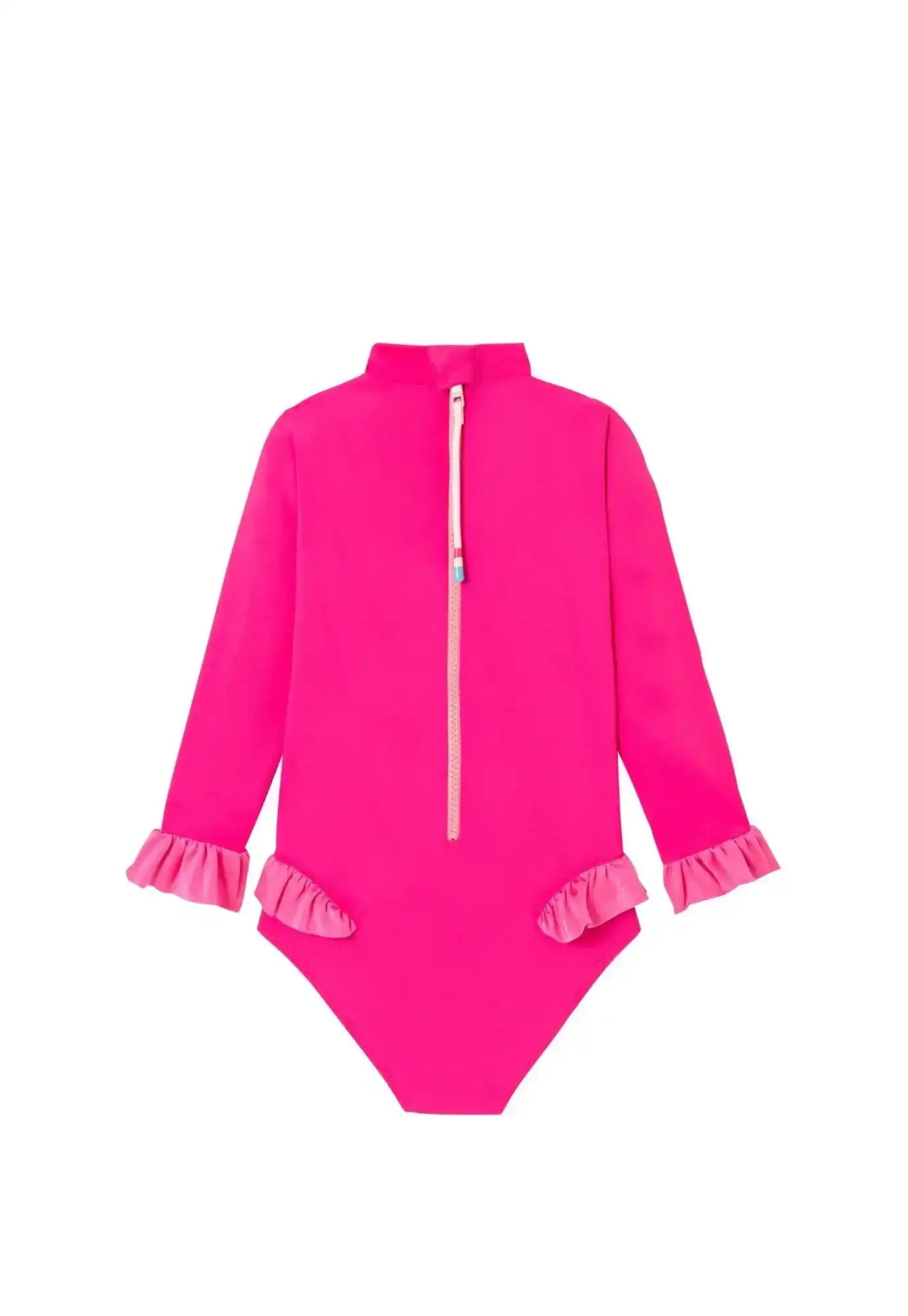 Pink long-sleeve baby girl UV swimsuit with ruffles and front zipper
