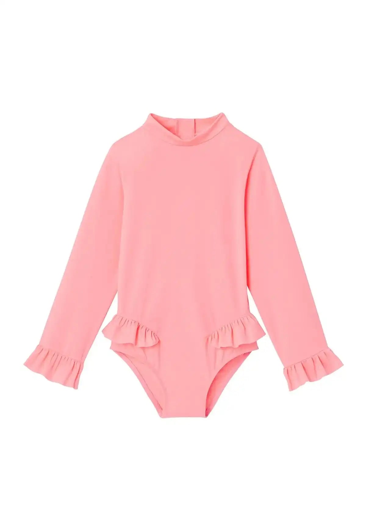 Pink long-sleeve baby girl anti-UV swimsuit with ruffle details, Lison Paris