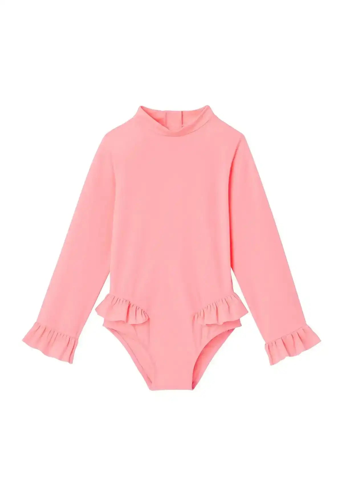 Pink long-sleeve baby girl UV swimwear with ruffle trim on white background