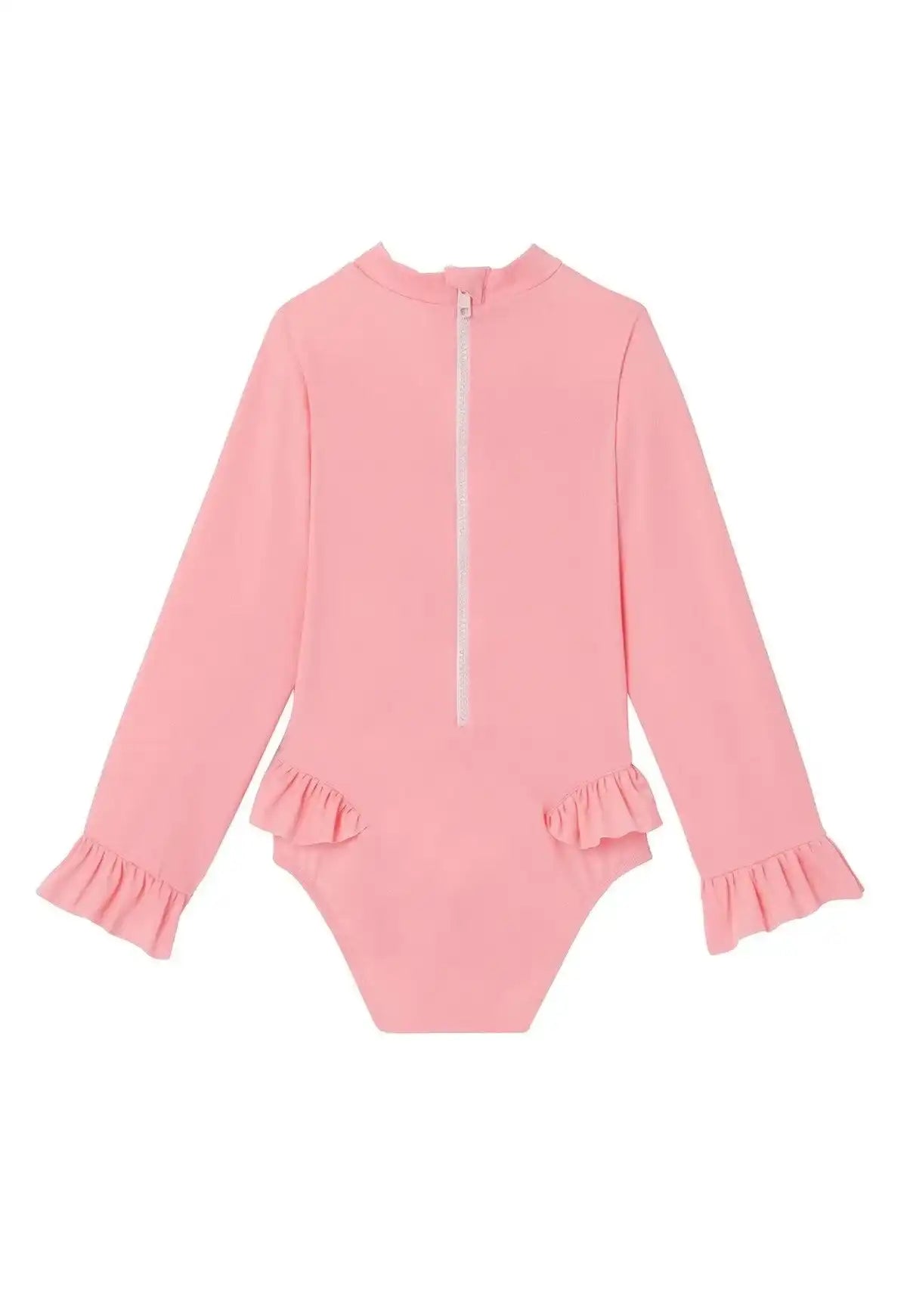 Baby girl pink UV-protective long sleeve swimsuit with ruffles by Lison Paris