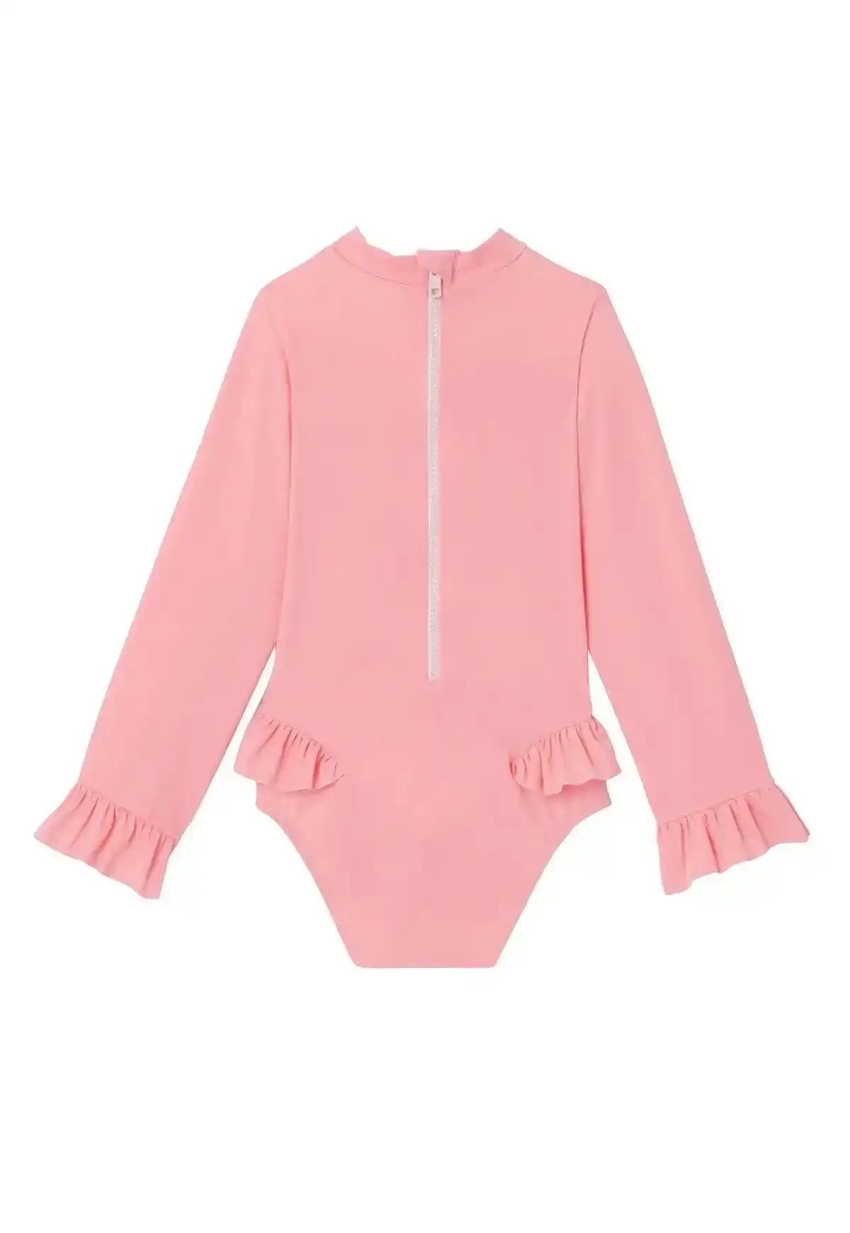 Pink baby girl long sleeve UV protection swimsuit with ruffle details and front zipper