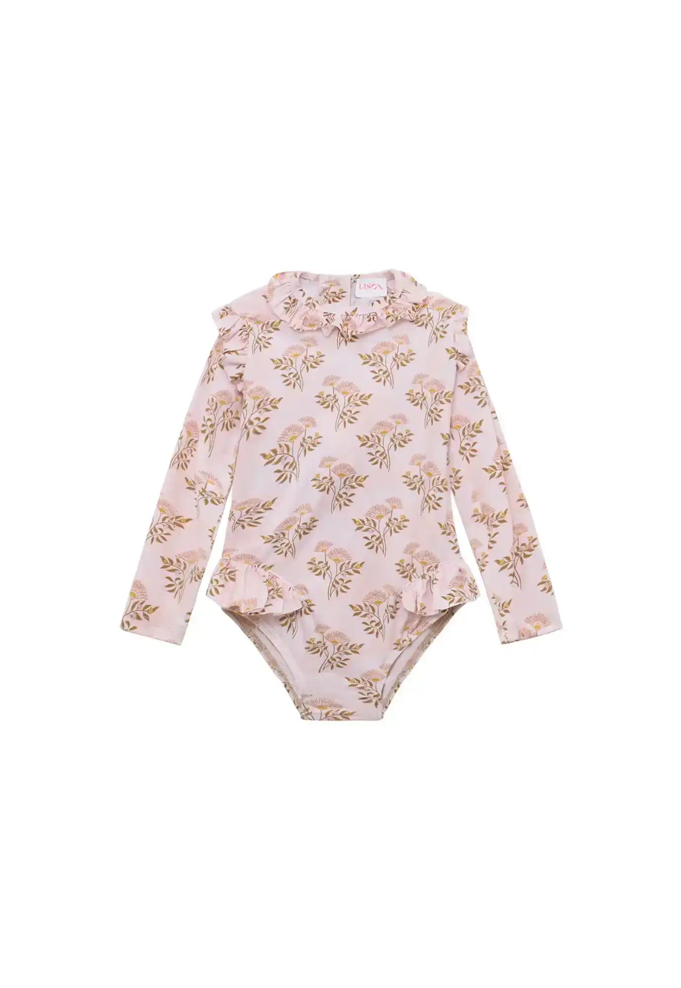 Baby girl pink long sleeve floral UV swimsuit with ruffles