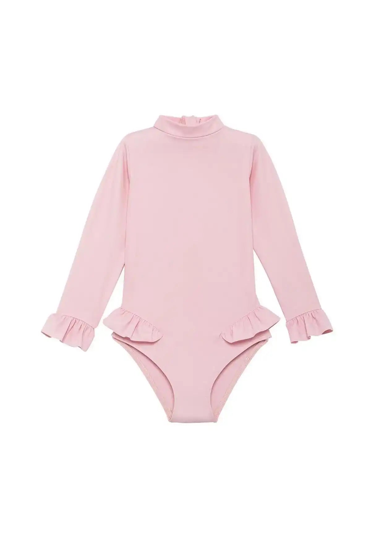 Pale pink baby girl anti-UV long sleeve swimsuit with ruffle details by Lison Paris