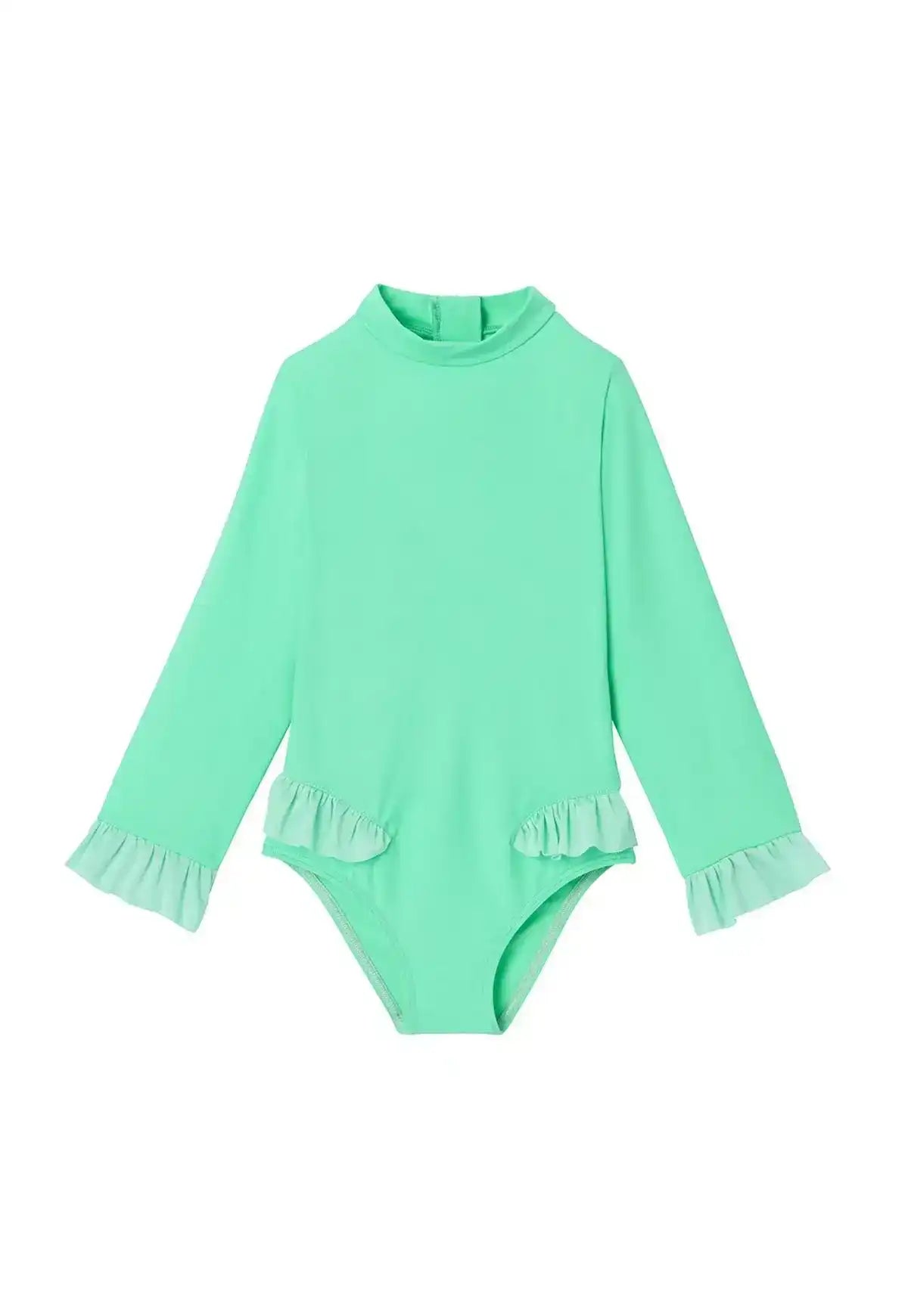 Mint green baby girl long sleeve swimsuit with ruffle details and UV protection