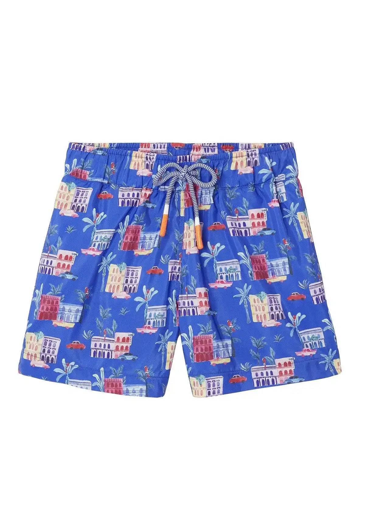 Blue boys' swim shorts with colorful villa print, eco-friendly Lison Paris beachwear.