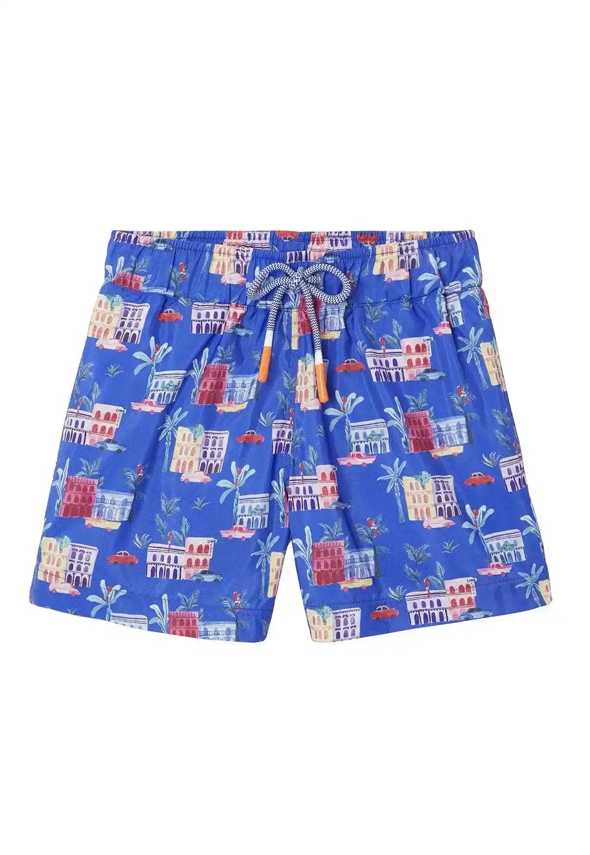 Blue boys' swim shorts with colorful building and car print, eco-friendly fabric