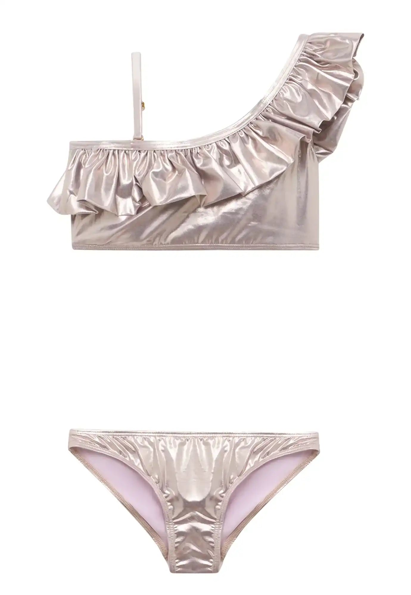 Champagne iridescent asymmetric ruffled girls bikini by Lison Paris, anti-UV swimwear.