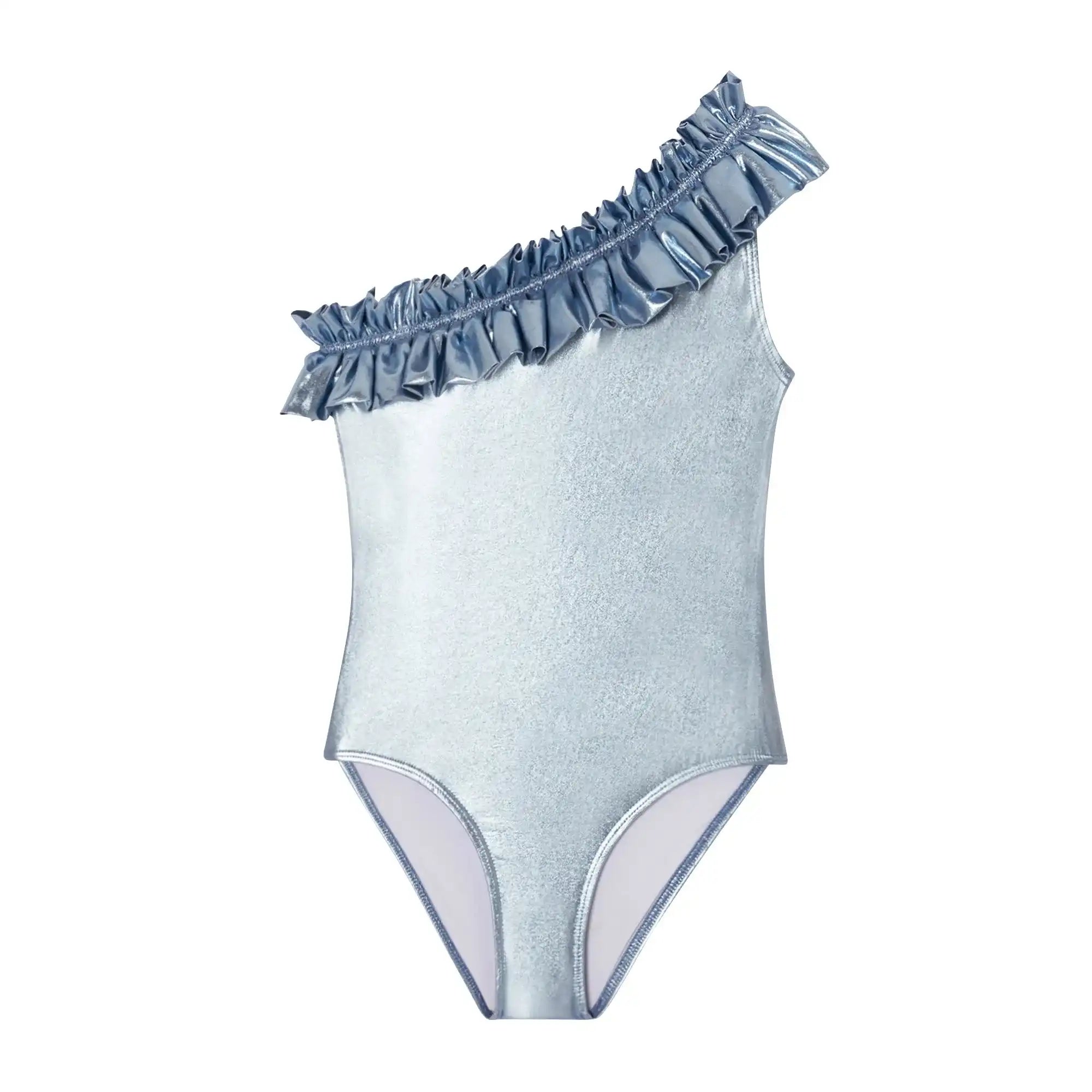 Asymmetrical iridescent blue girl's swimsuit with ruffle detail by Lison Paris
