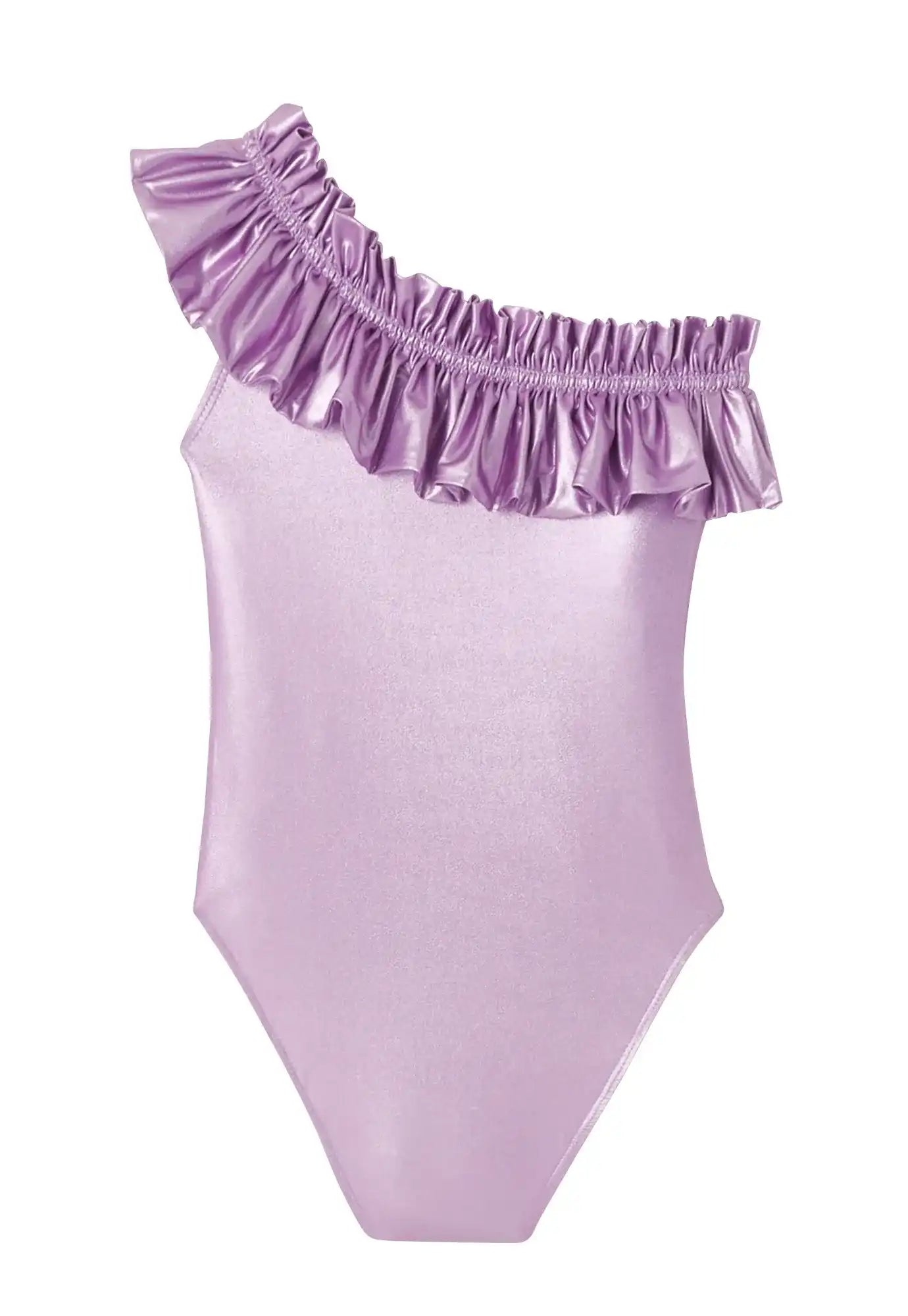 Girls' asymmetrical lilac iridescent one-piece swimsuit with ruffle, Lison Paris