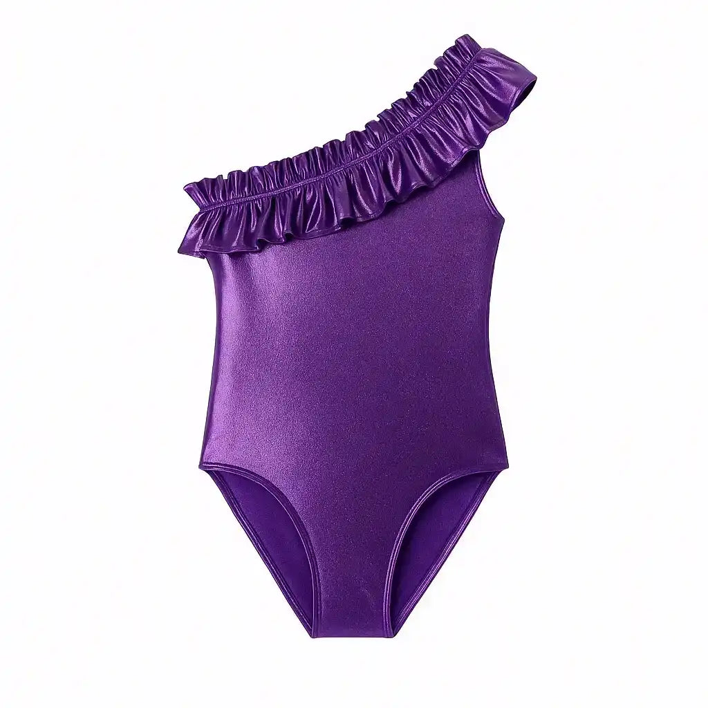 Girls' iridescent purple one-shoulder swimsuit with ruffle detail, asymmetrical design