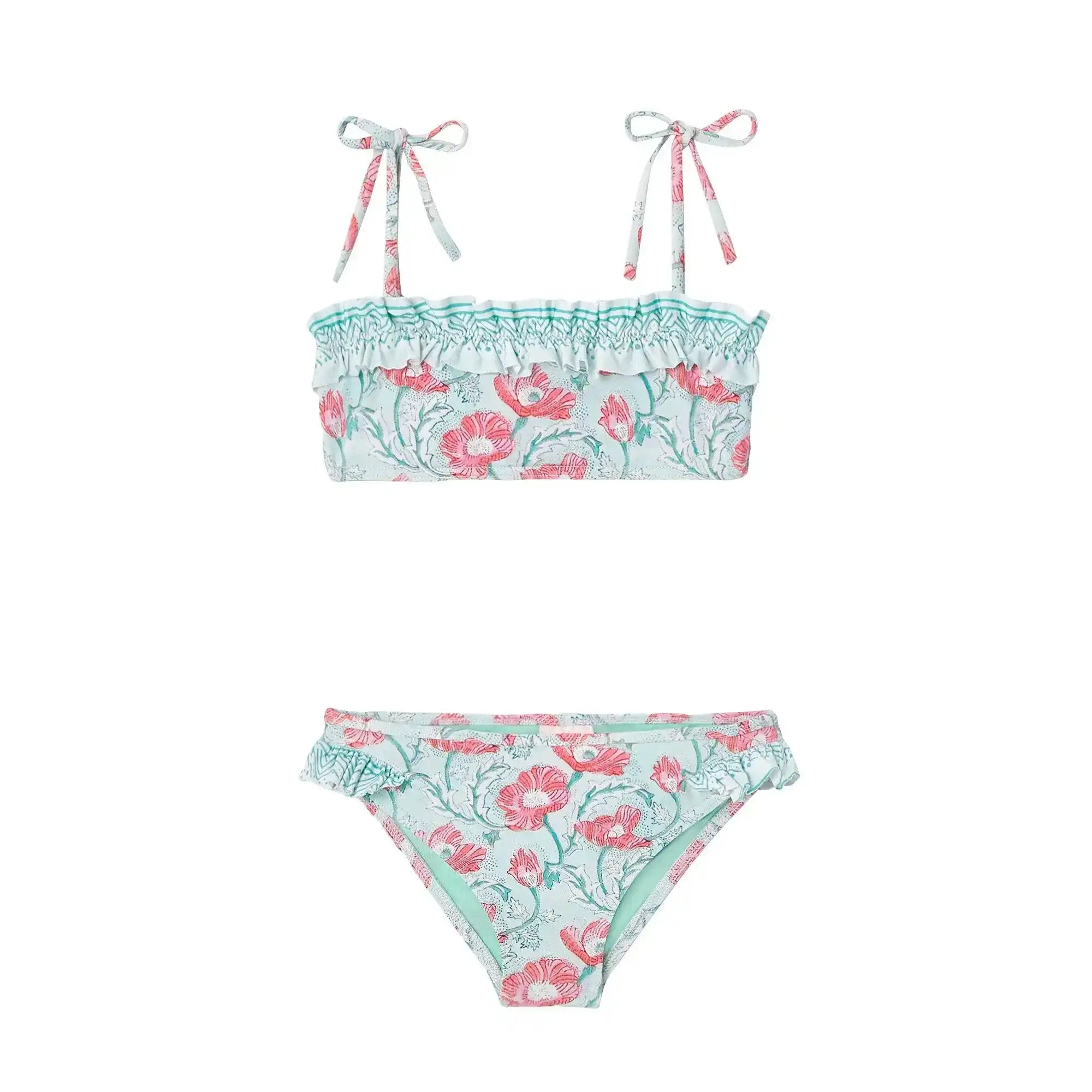Girls' two-piece swimsuit aqua with pink floral print, ruffled details, tie straps.