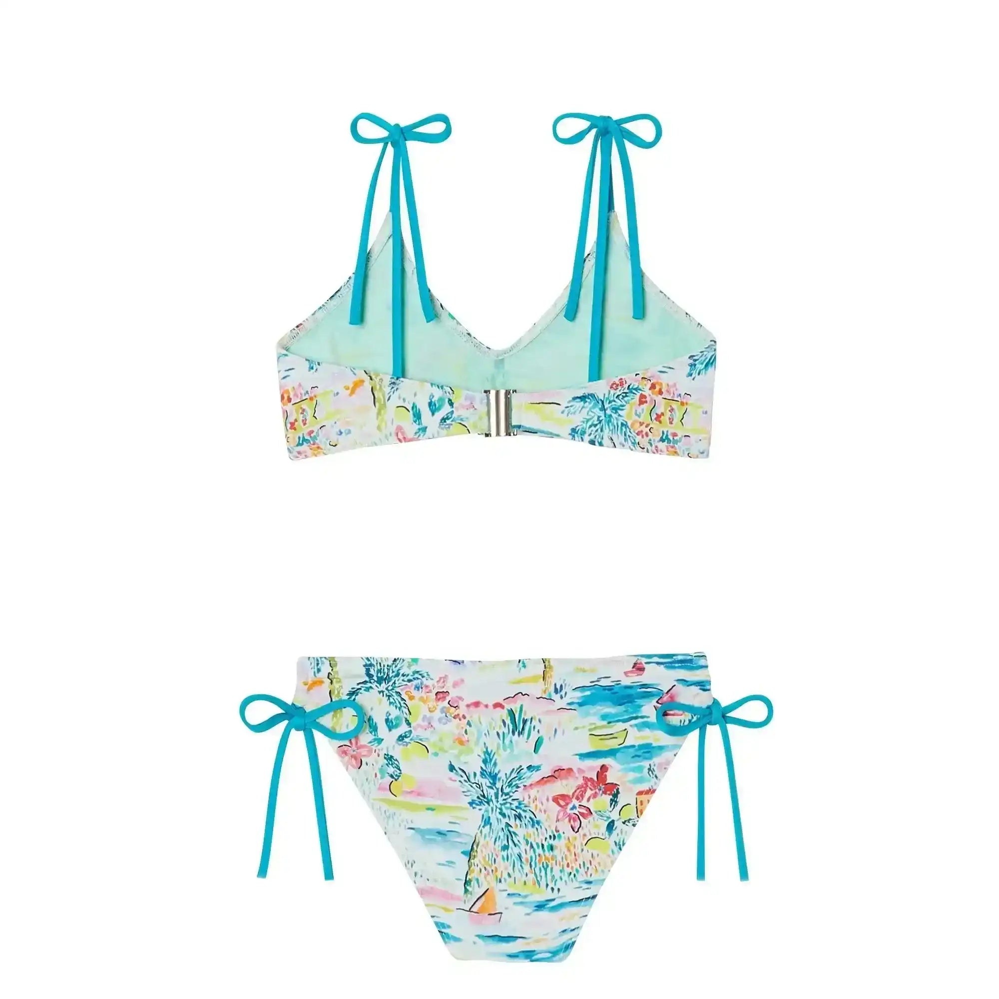 Girls’ two-piece swimsuit with aqua and gold tropical print, blue tie straps, front clasp.