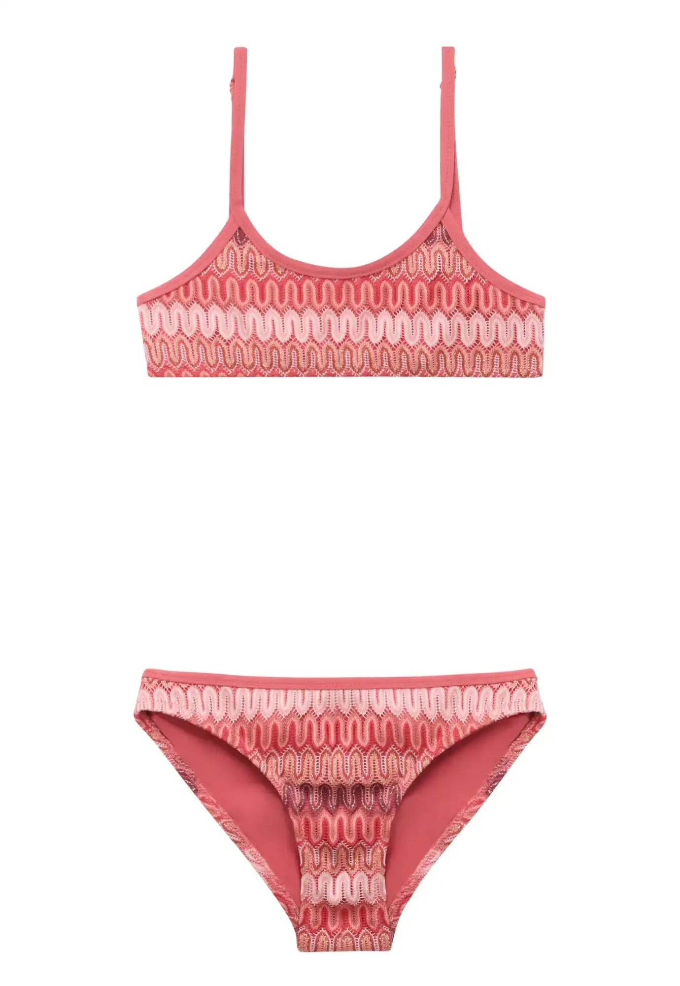 Girls' coral and gold two-piece swimsuit with wavy pattern by Lison Paris
