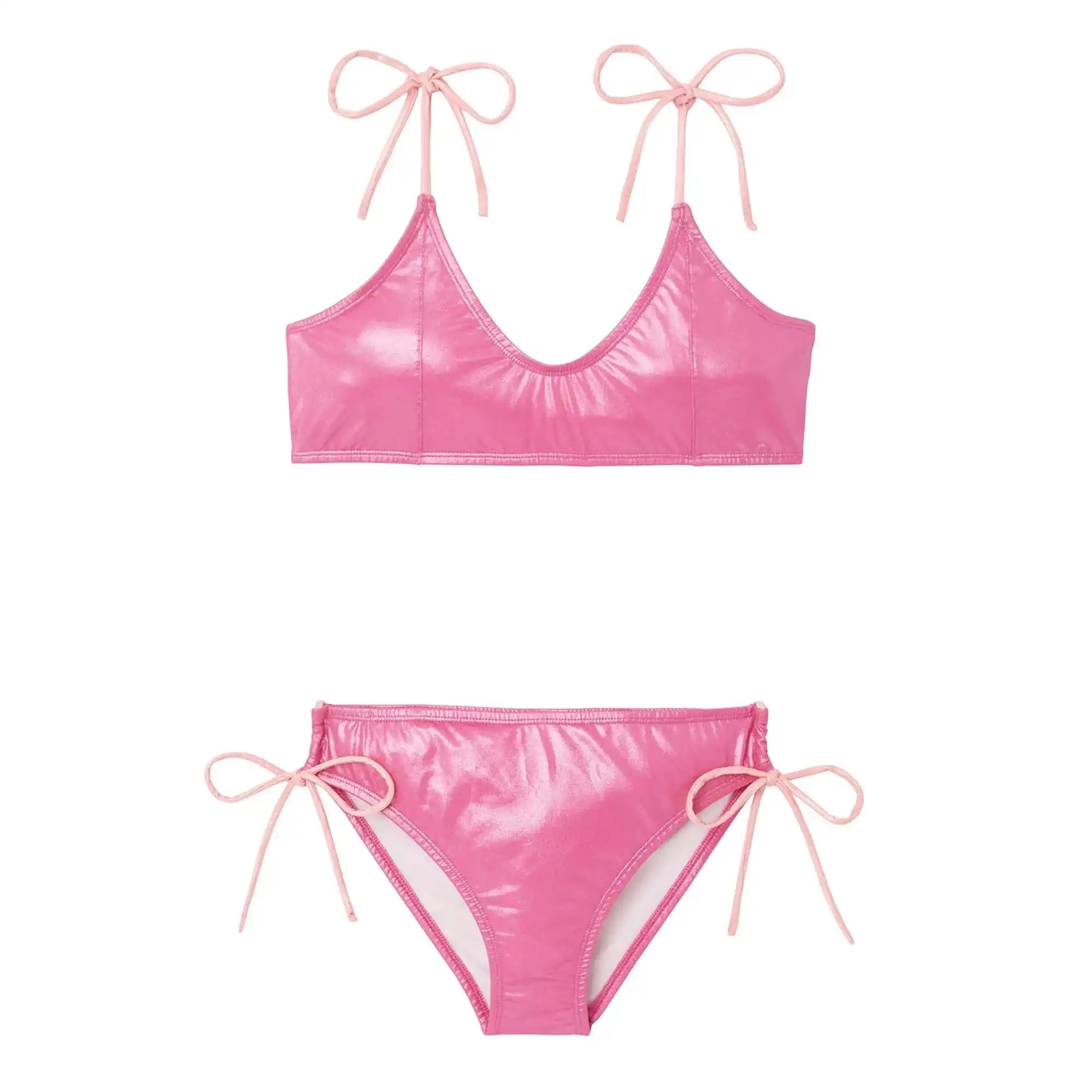 Iridescent pink two-piece girl's swimsuit with tie straps from Lison Paris