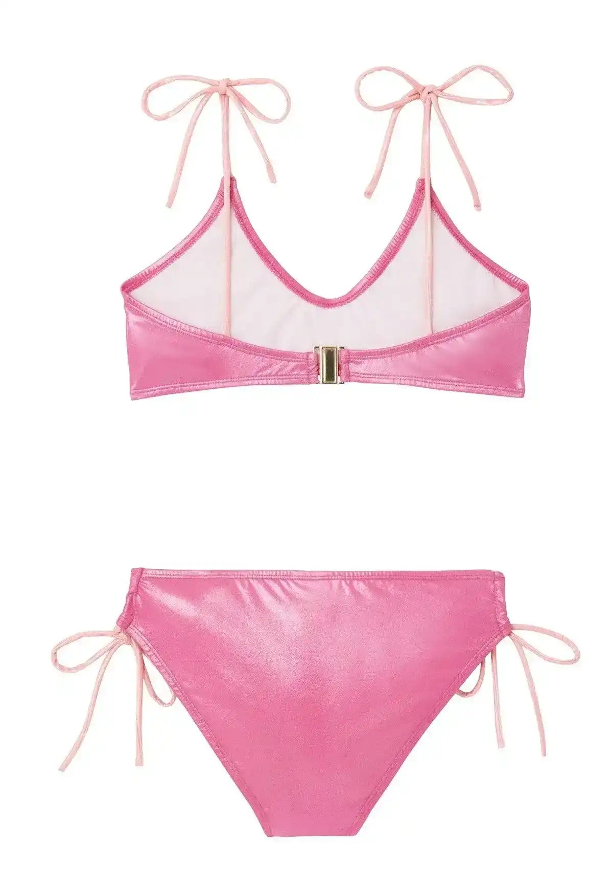 Pink iridescent two-piece girl's bikini with tie straps and metallic shimmer, front view