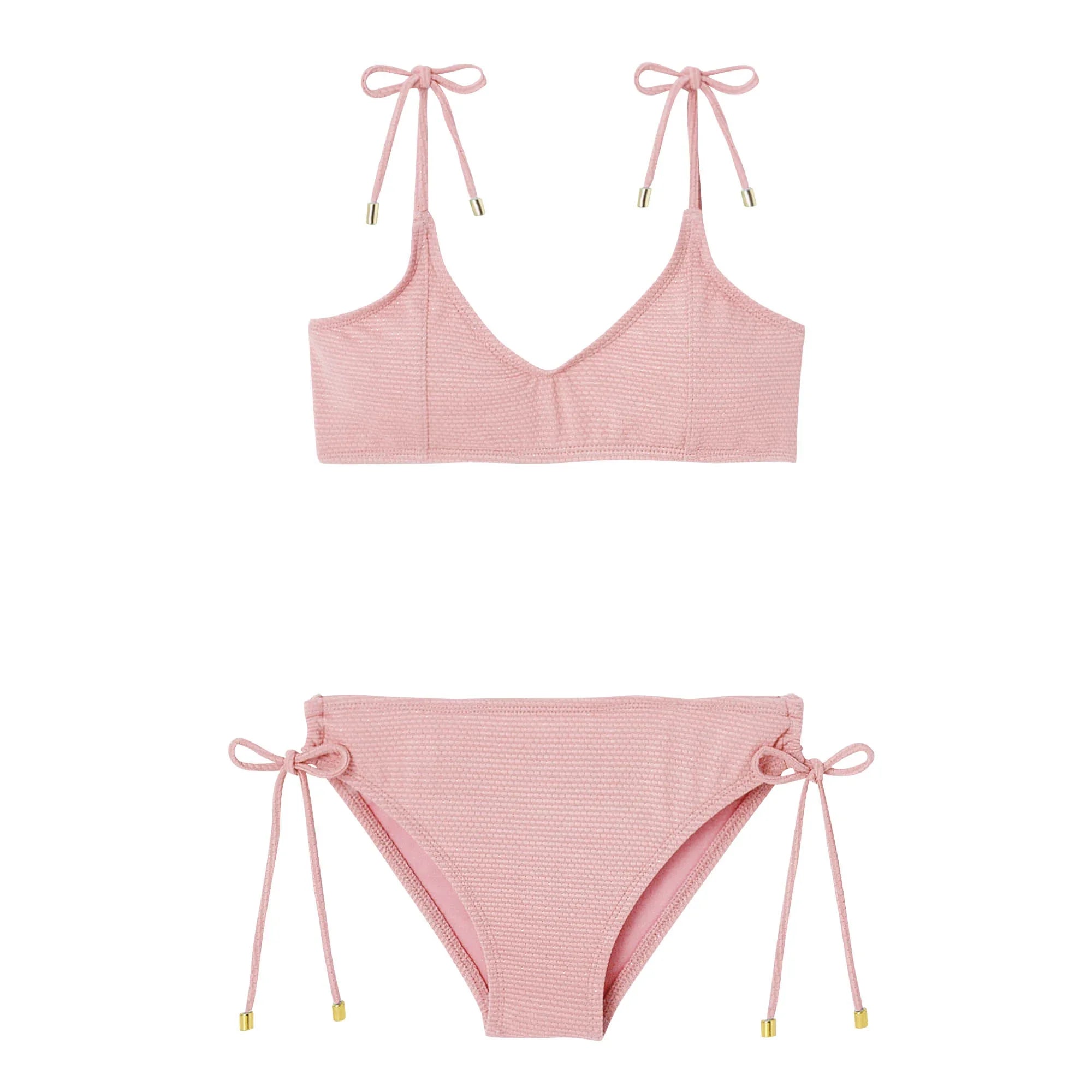 Maillot de bain deux pièces fille, piqué rose pâle/or | BAHAMAS 2P - Lison Paris