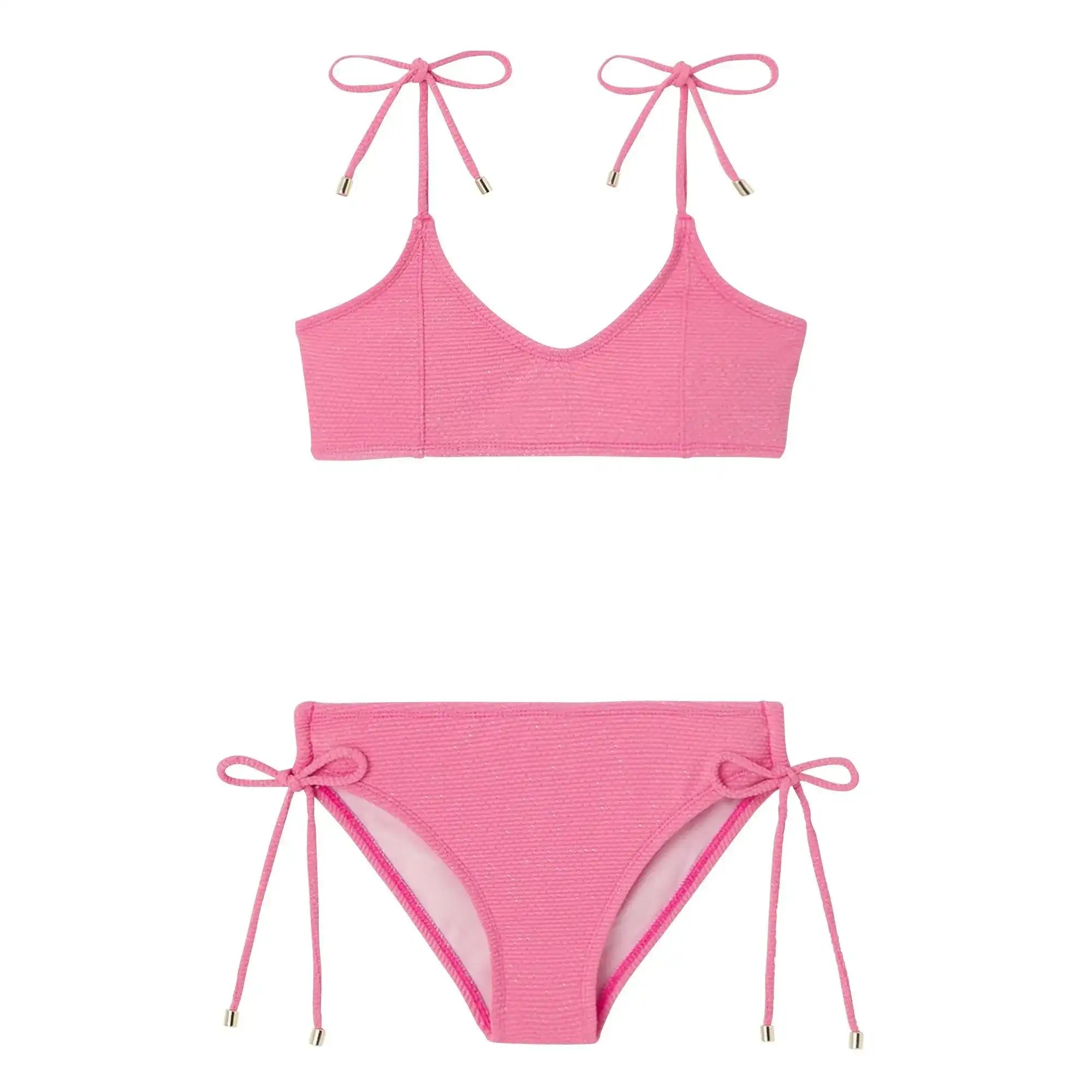 Girl's pink textured two-piece swimsuit with tie straps by Lison Paris
