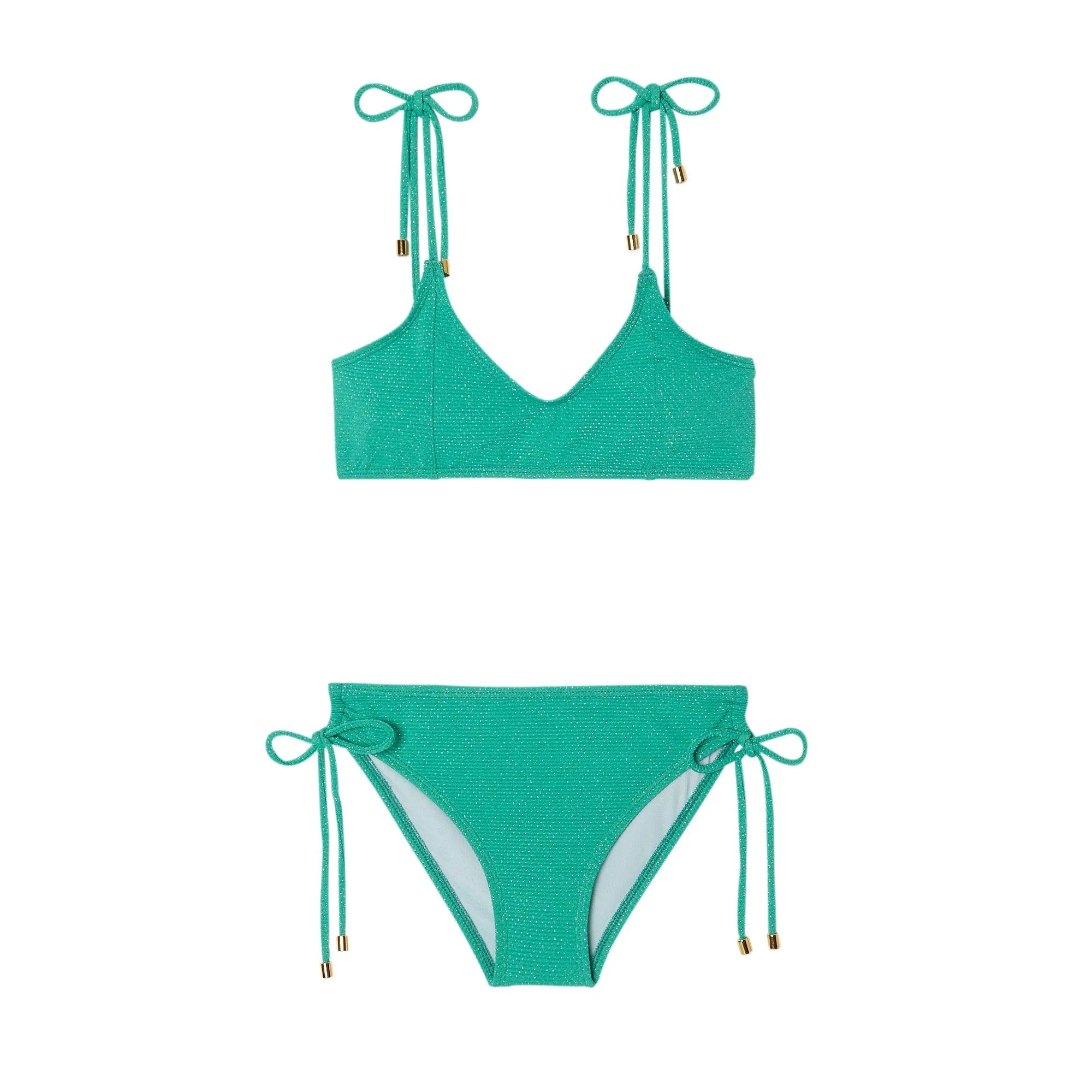 Maillot de bain deux pièces fille, piqué vert / or | BAHAMAS 2P - Lison Paris