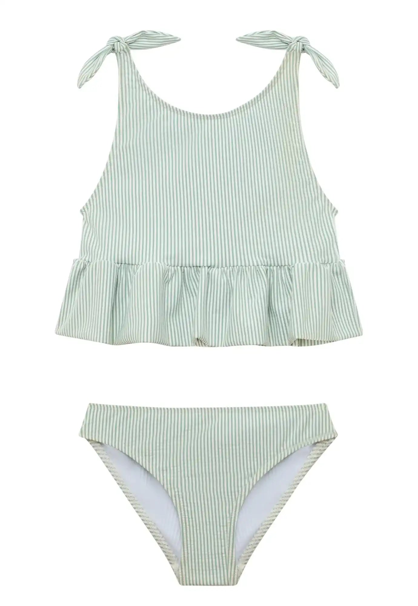 Girls' two-piece swimsuit with green striped ruffles | CANDY 2P