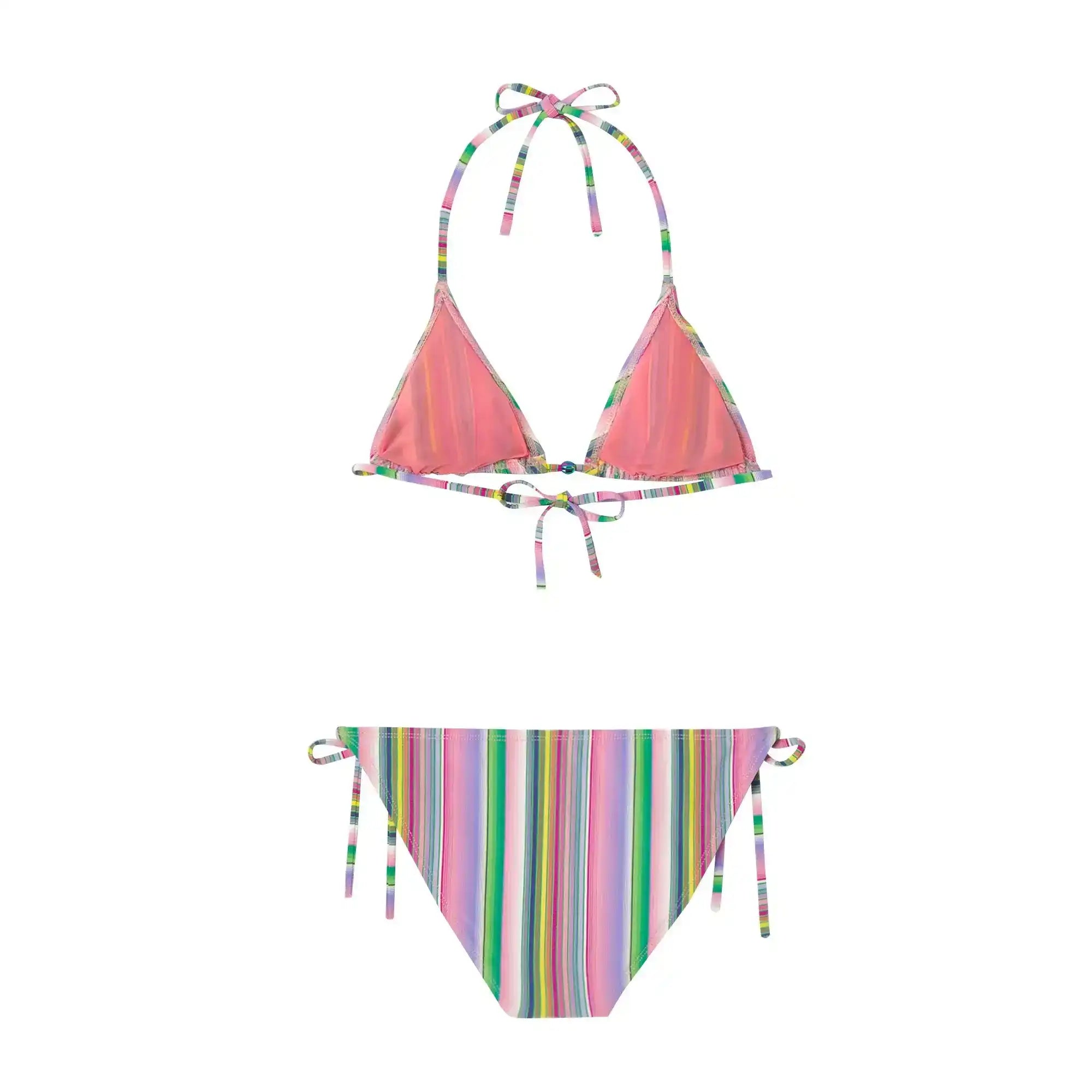 Girls' two-piece swimsuit with pink top and colorful striped bikini bottom, tie straps