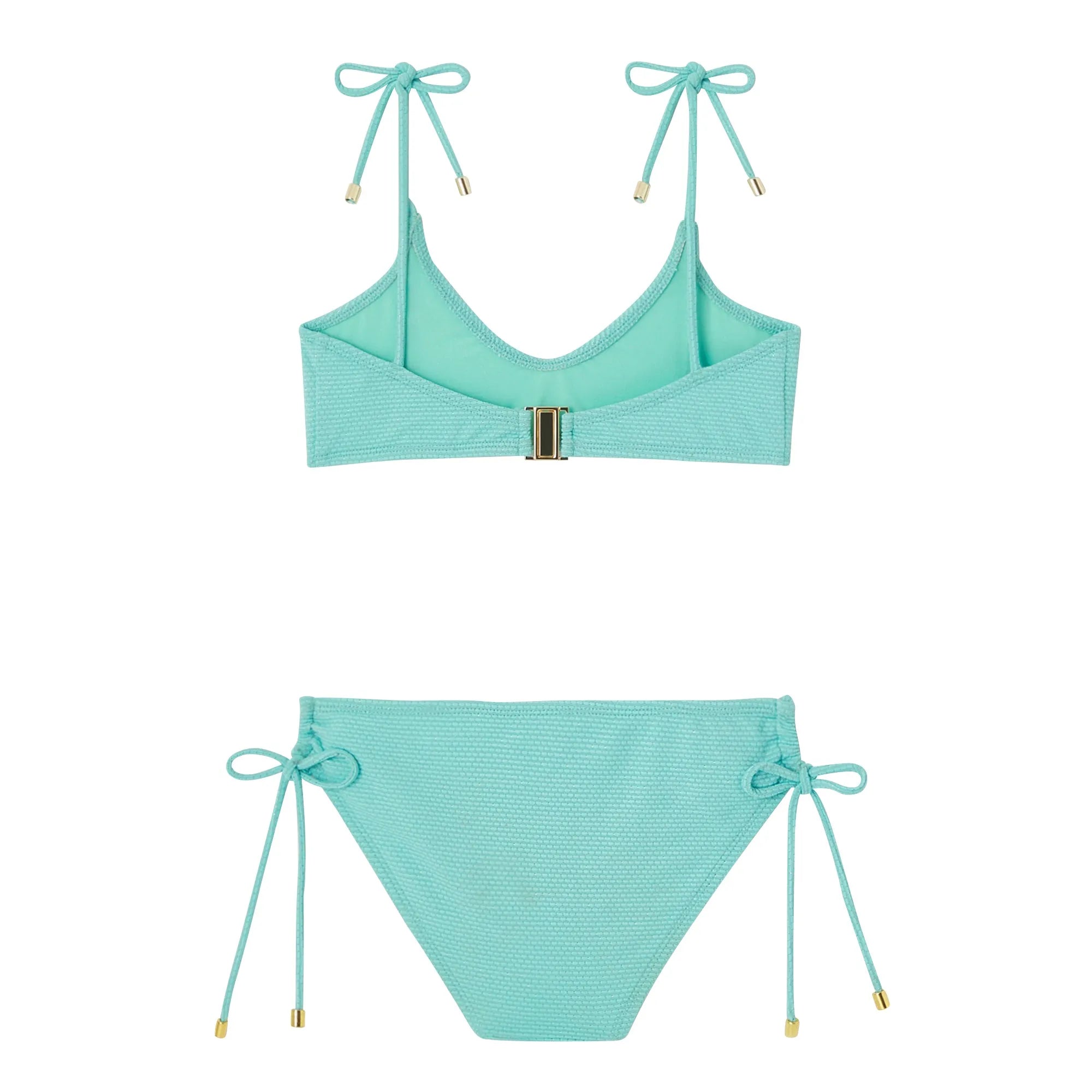 Maillot de bain deux pièces fille, tissu piqué aqua / or | BAHAMAS 2P - Lison Paris