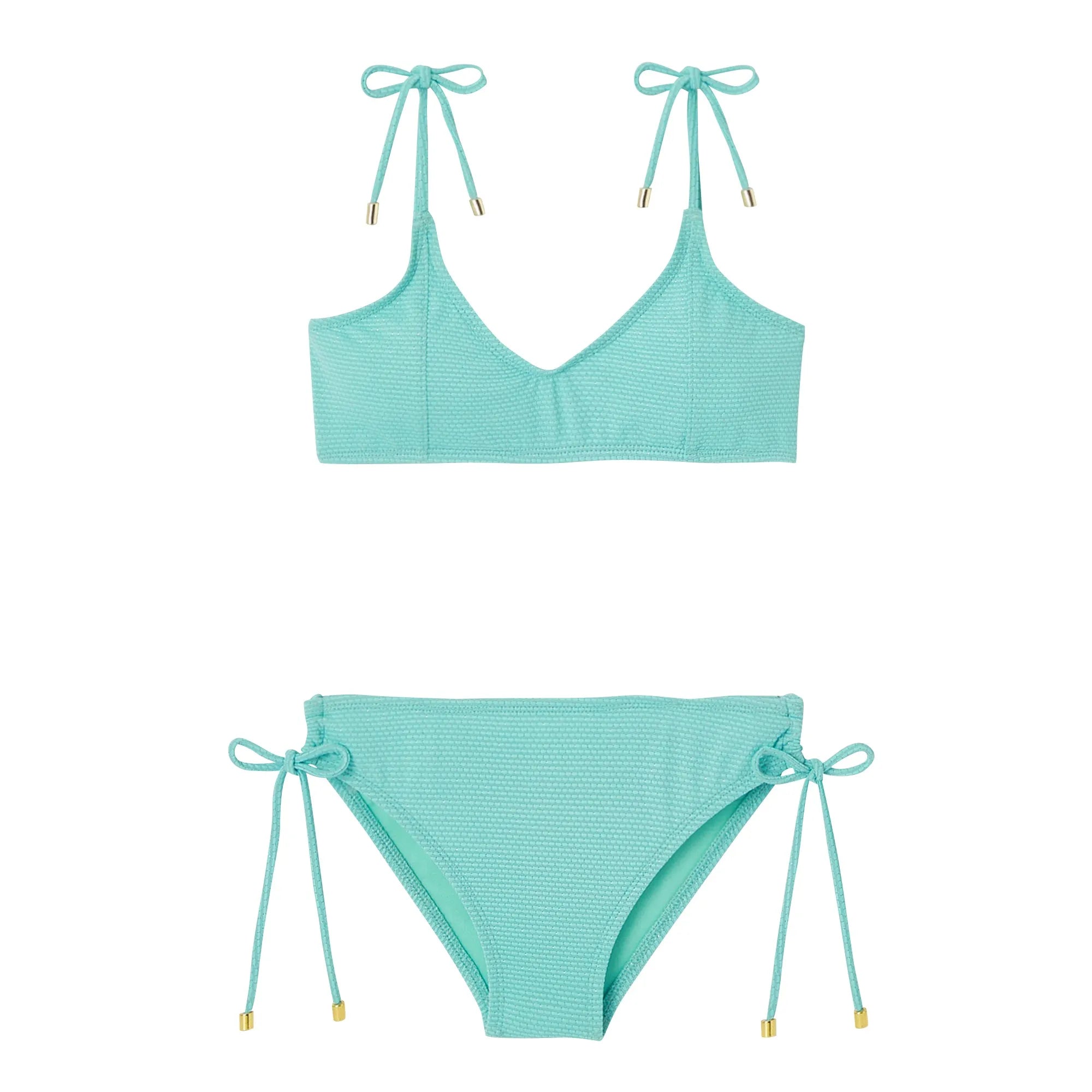 Maillot de bain deux pièces fille, tissu piqué aqua / or | BAHAMAS 2P - Lison Paris