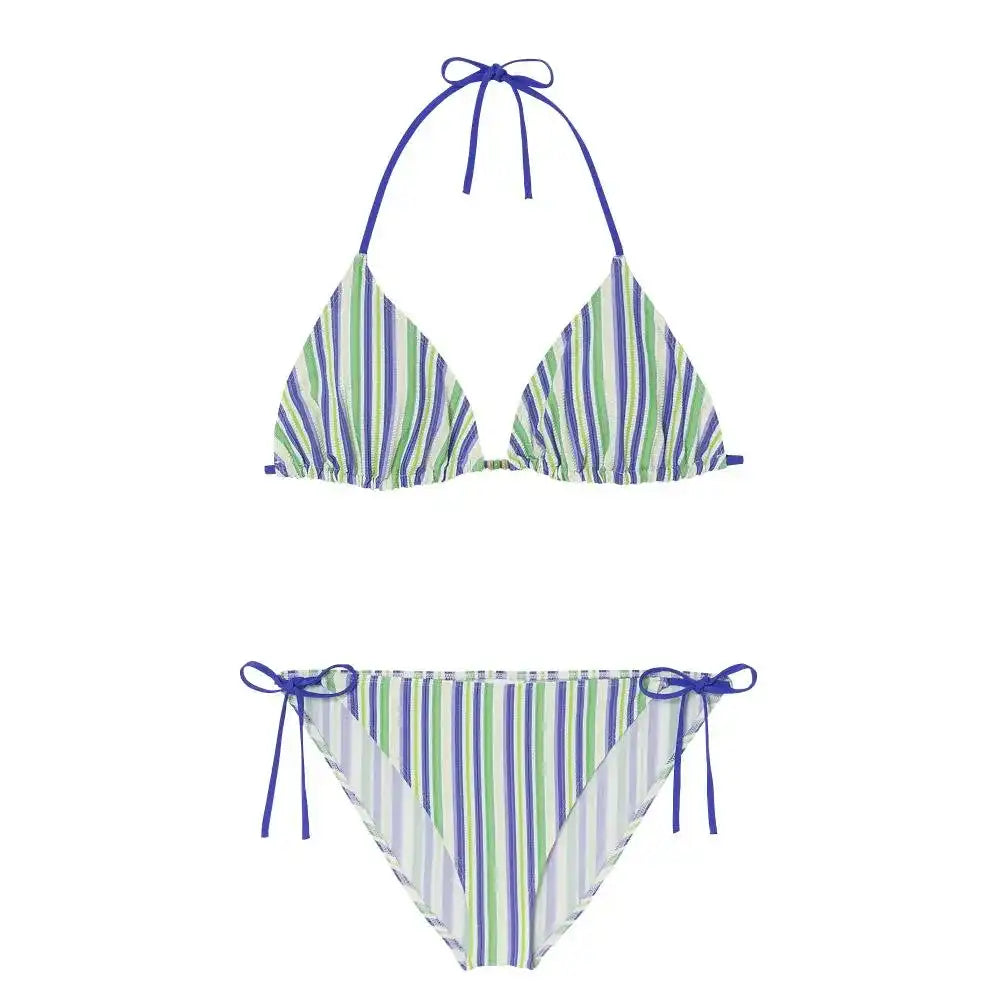 Lison Paris blue and green striped triangle bikini set with adjustable ties, eco-friendly swimwear