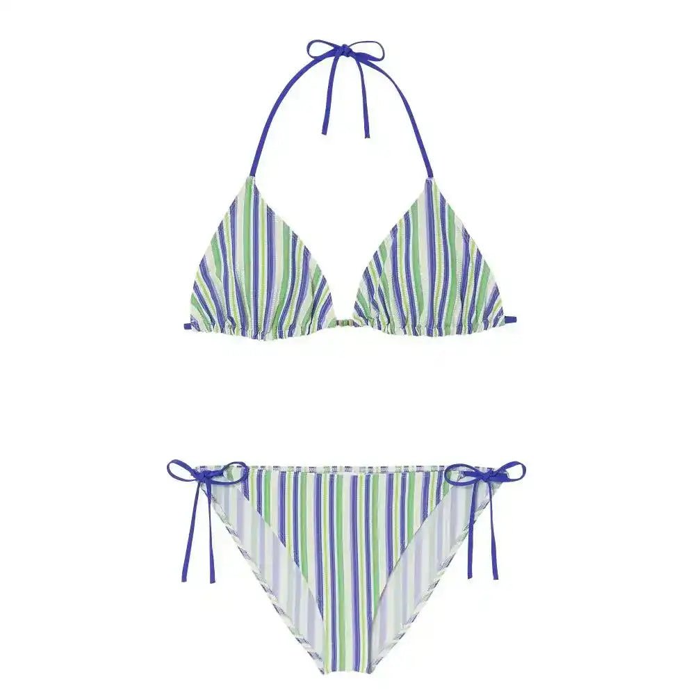 Blue and green striped two-piece triangle bikini with side tie bottoms on white background