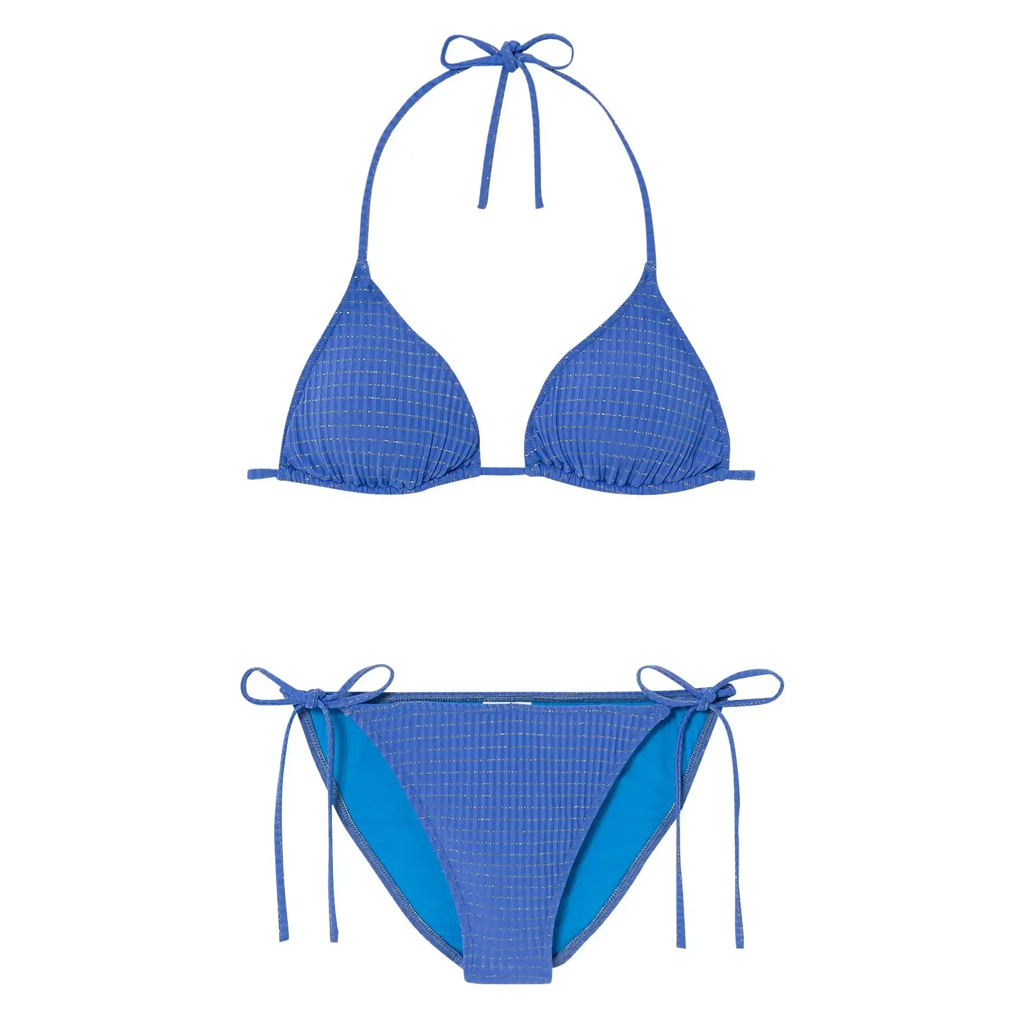 Girls' blue two-piece triangle bikini with tie straps, Lison Paris swimwear
