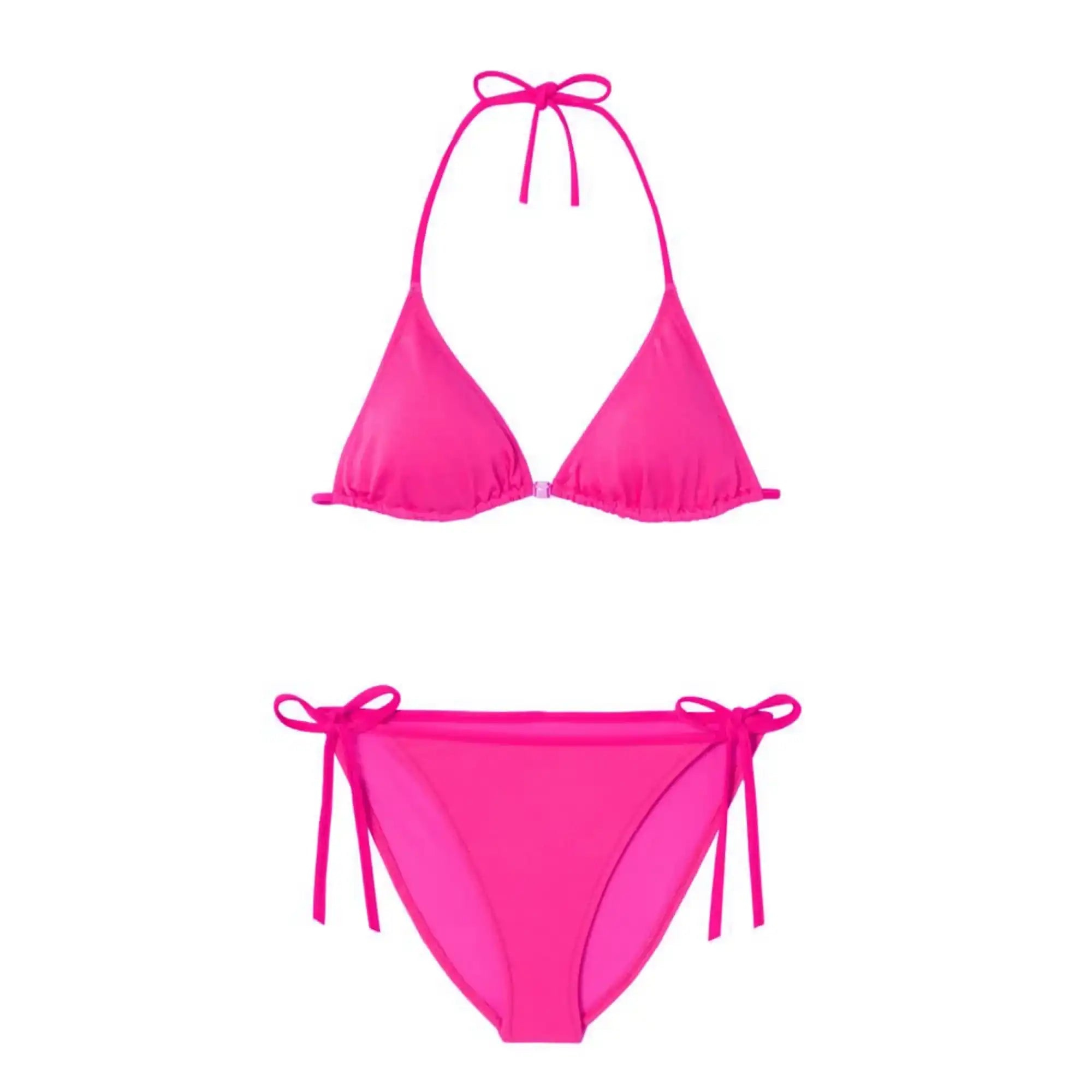 Fuchsia pink girls' triangle bikini set with side ties, Lison Paris swimwear