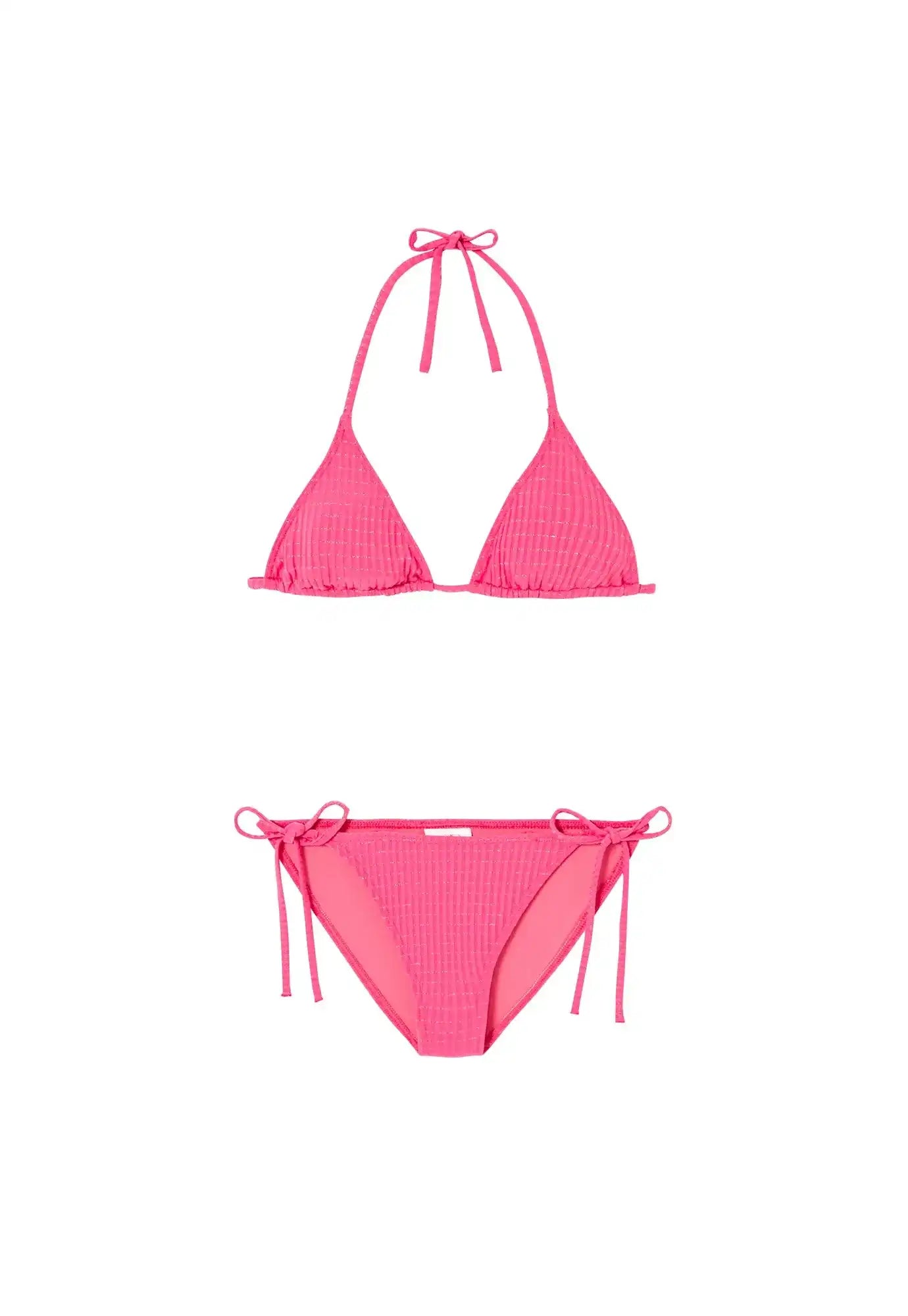 Lison Paris girls' pink two-piece triangle bikini with side ties on white background