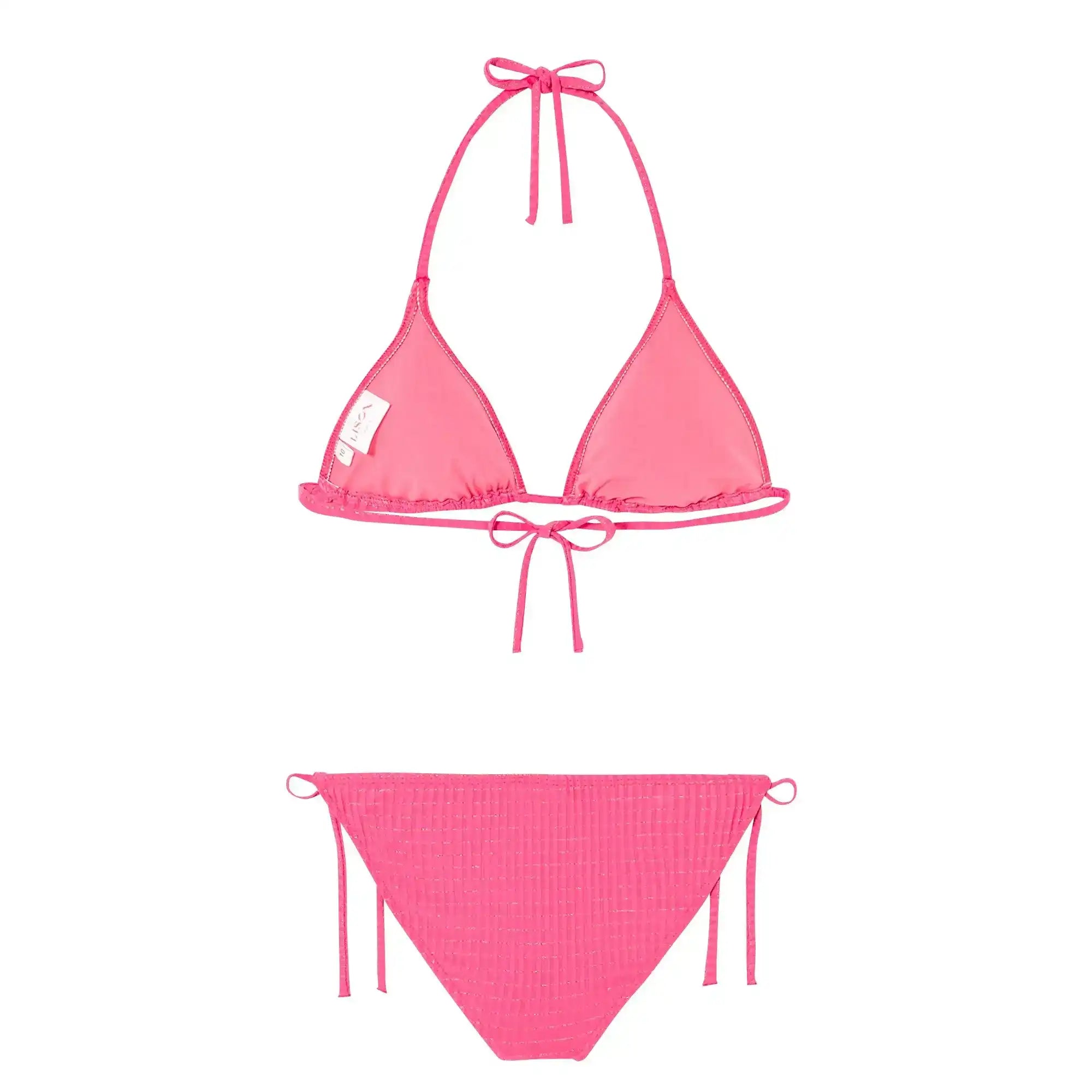 Pink girls' two-piece triangle bikini with halter ties, displayed on white background