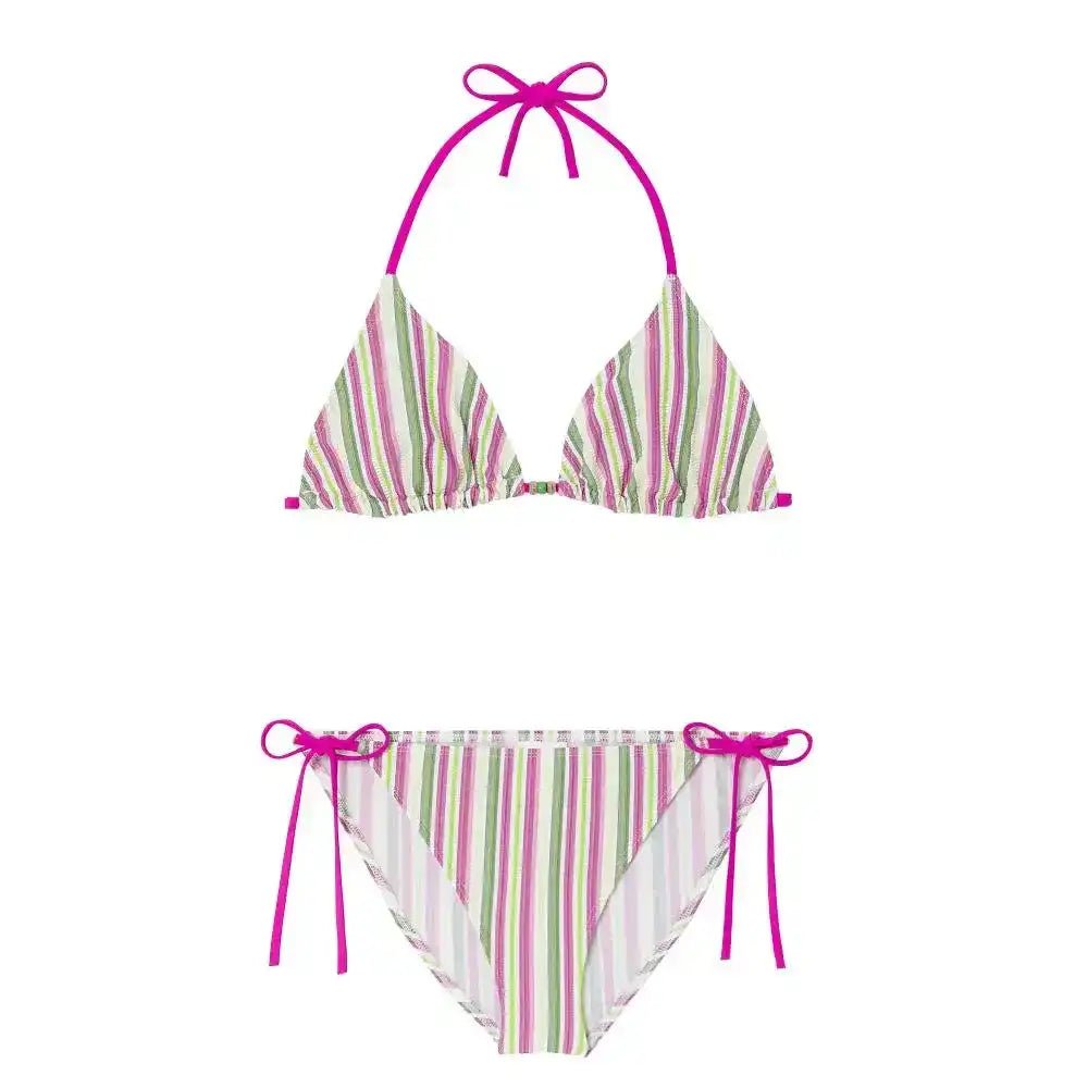 Girls' two-piece bikini with pink, green, and white stripes and side tie details