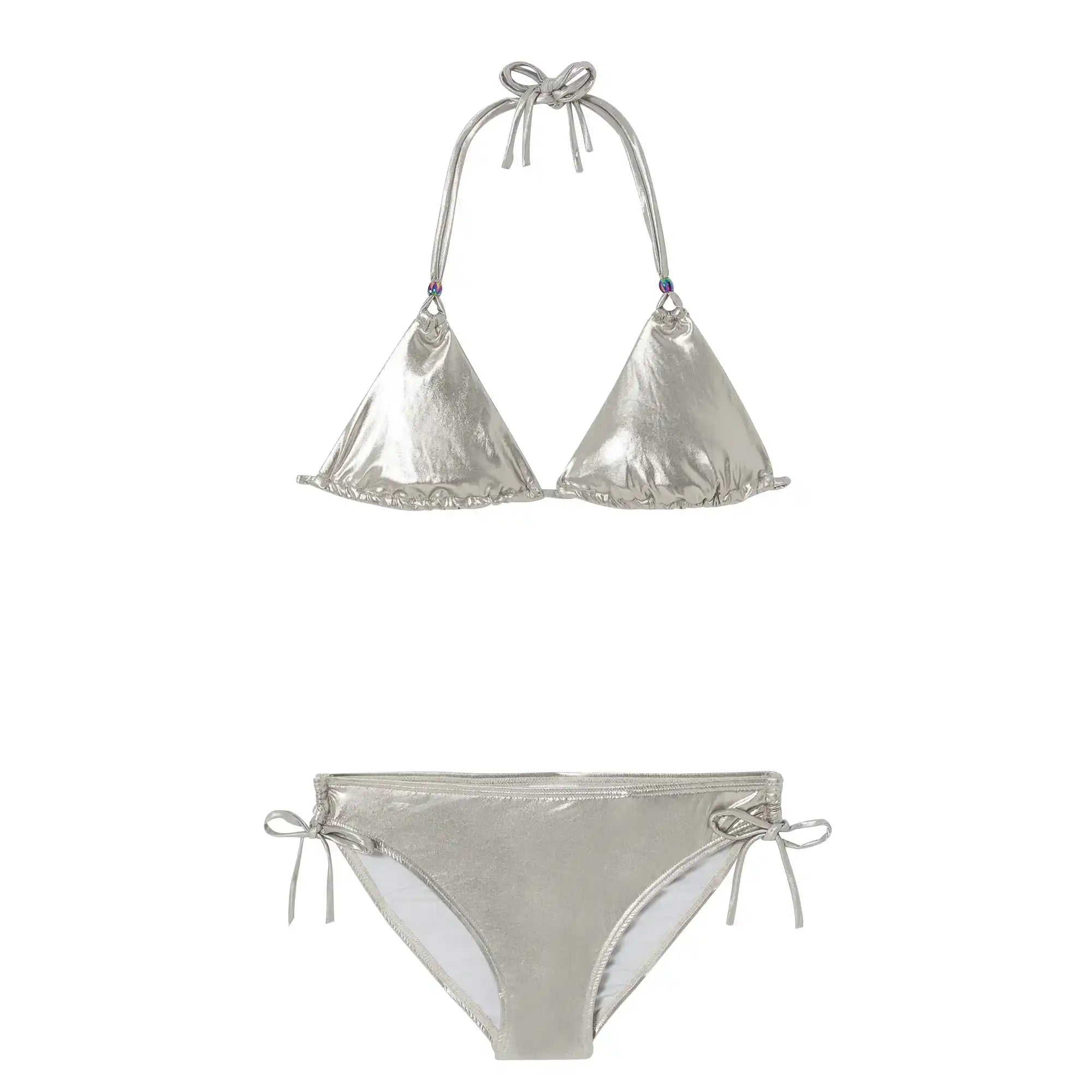 Lison Paris silver triangle two-piece bikini with side ties, anti-UV swimwear for girls.