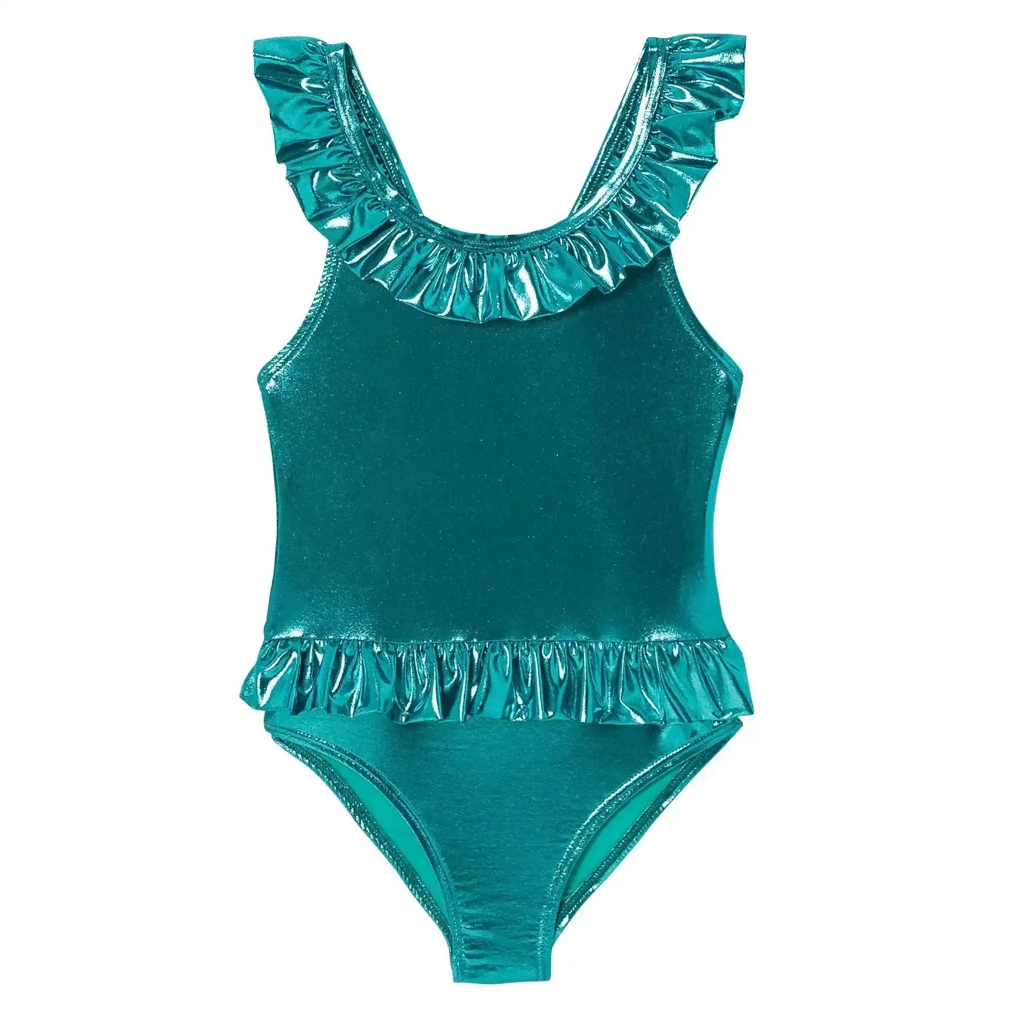 Girls' emerald iridescent one-piece swimsuit with ruffle details, Lison Paris beachwear