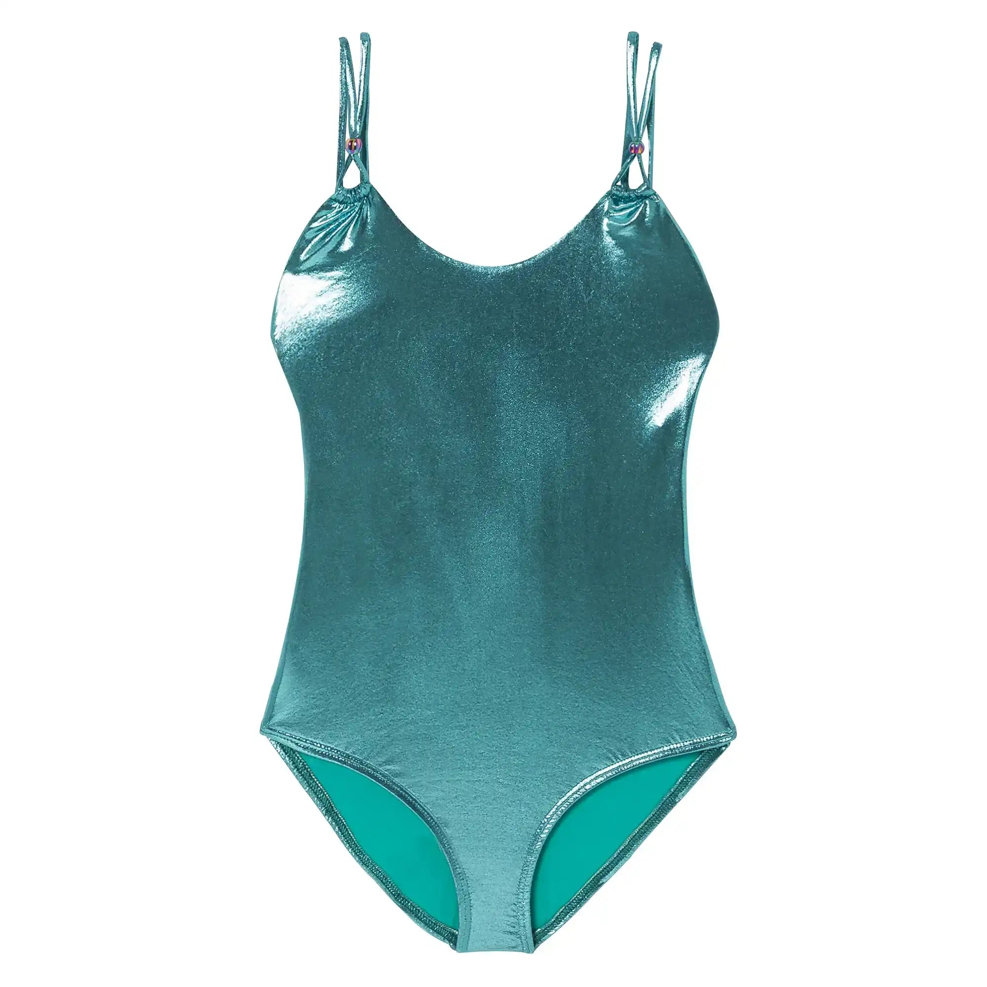 Emerald green girls' one-piece swimsuit with double straps, Lison Paris beachwear