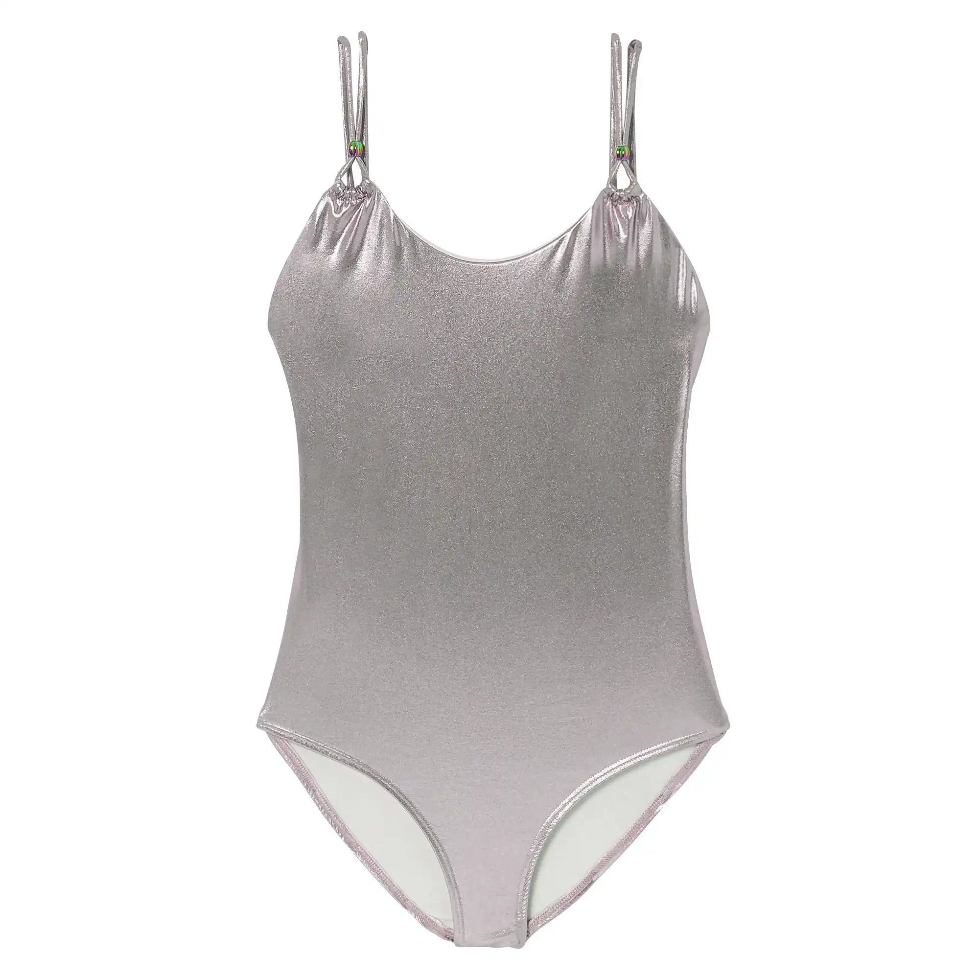 Silver girls' one-piece swimsuit with double straps by Lison Paris, anti-UV swimwear.