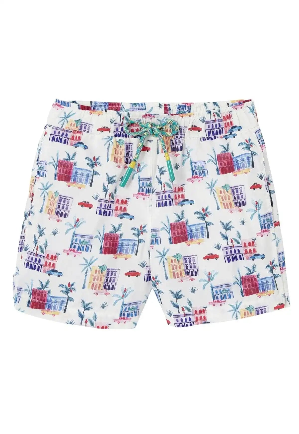 Eco-friendly boys' swim shorts with colorful tropical building print by Lison Paris