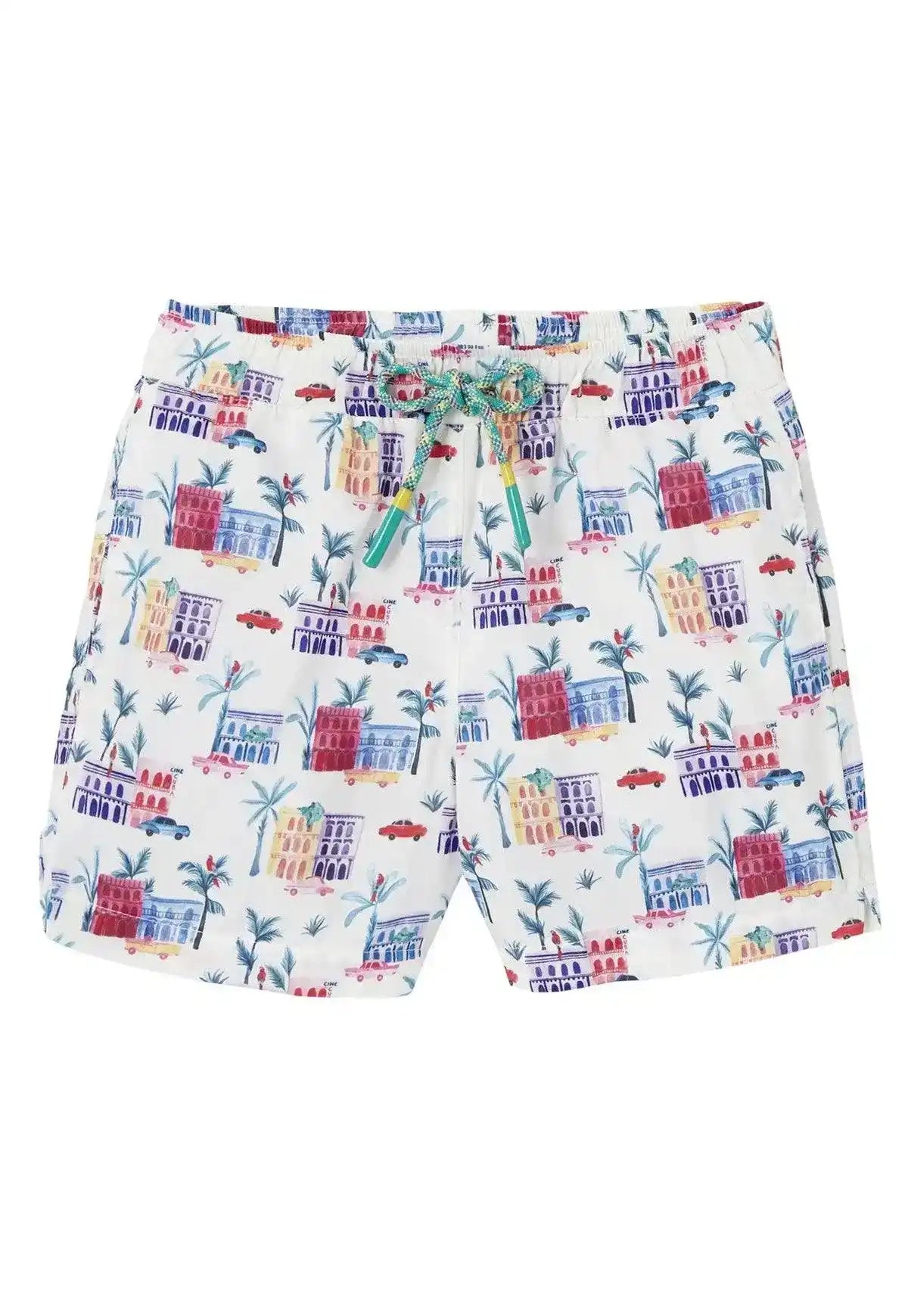 Boys' eco-friendly swim shorts with colorful building and palm tree print on white fabric