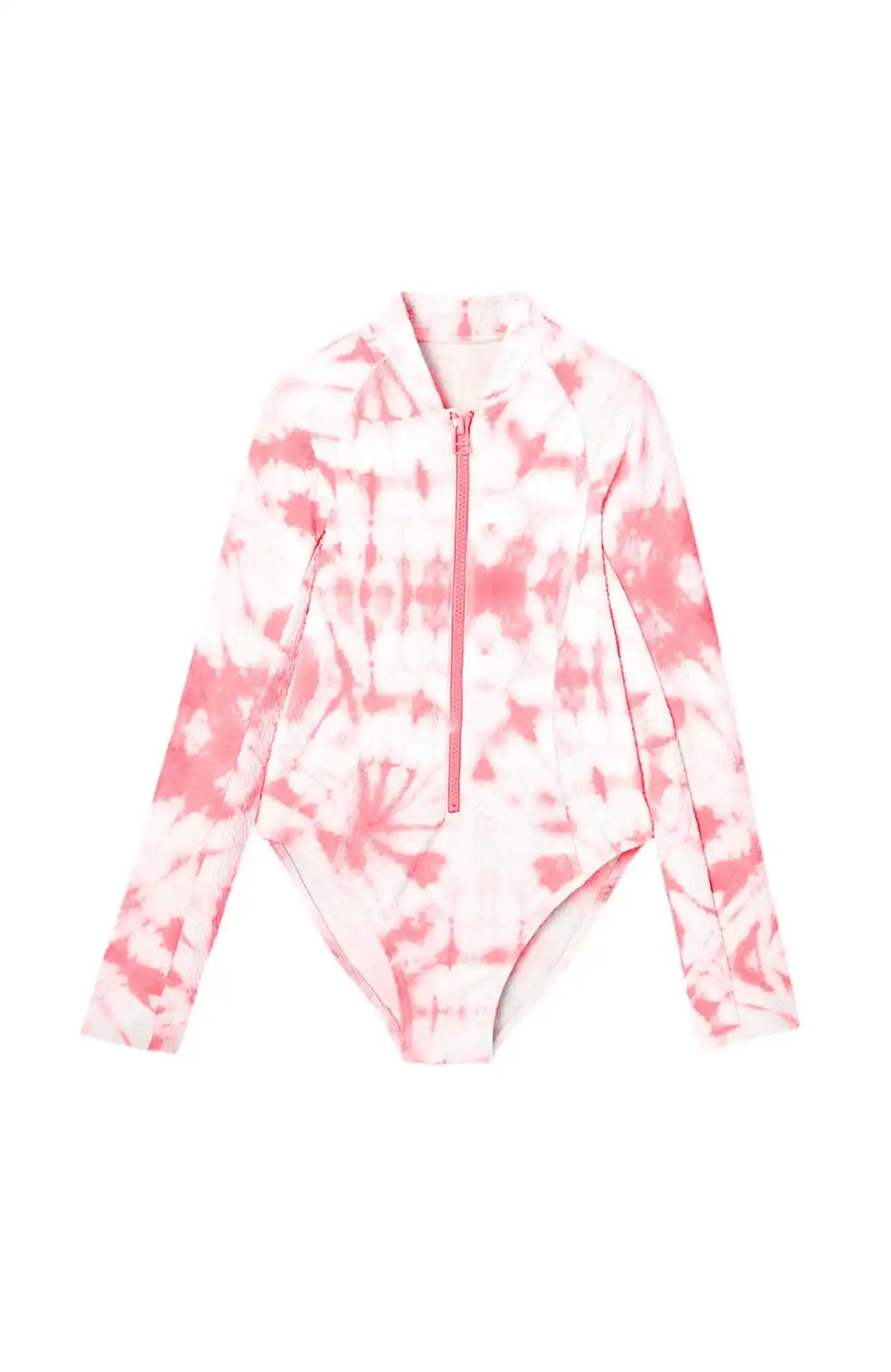 Girl's long sleeve anti-UV swimsuit pink tie-dye, front zip, Lison Paris beachwear