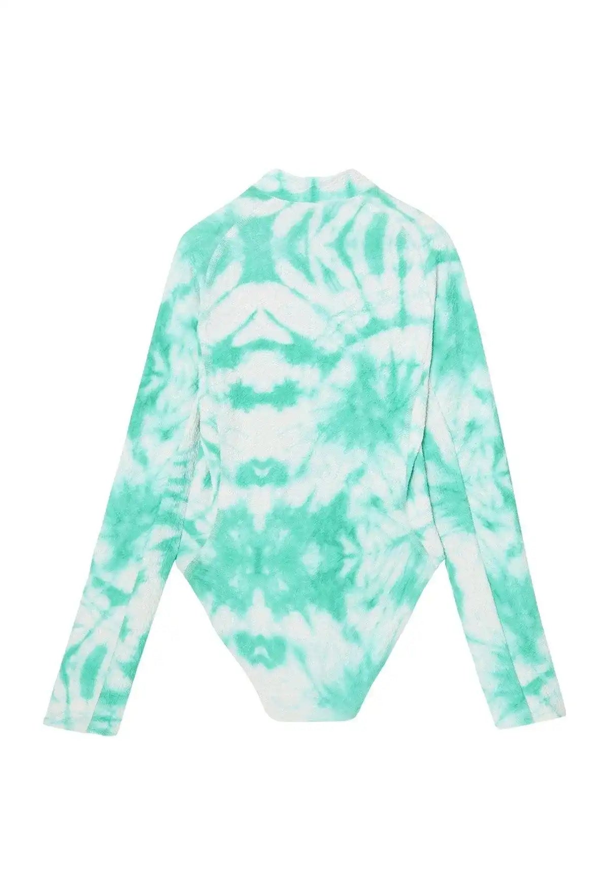 Girls' mint green tie-dye long sleeve anti-UV swimsuit from Lison Paris, back view.