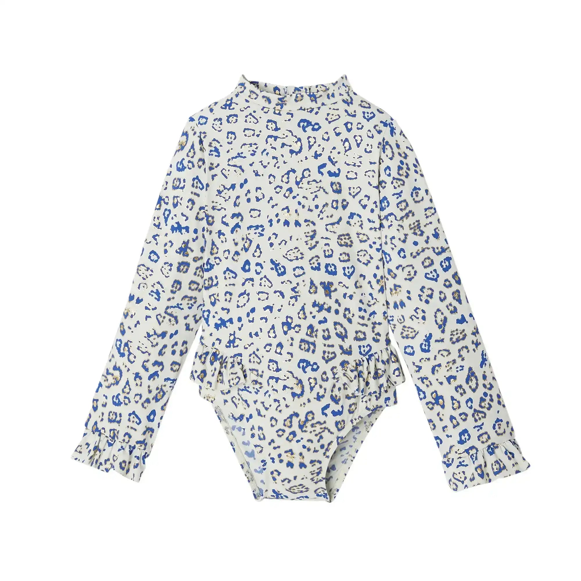 Baby girl long sleeve swimsuit with blue and gold leopard print and ruffle details
