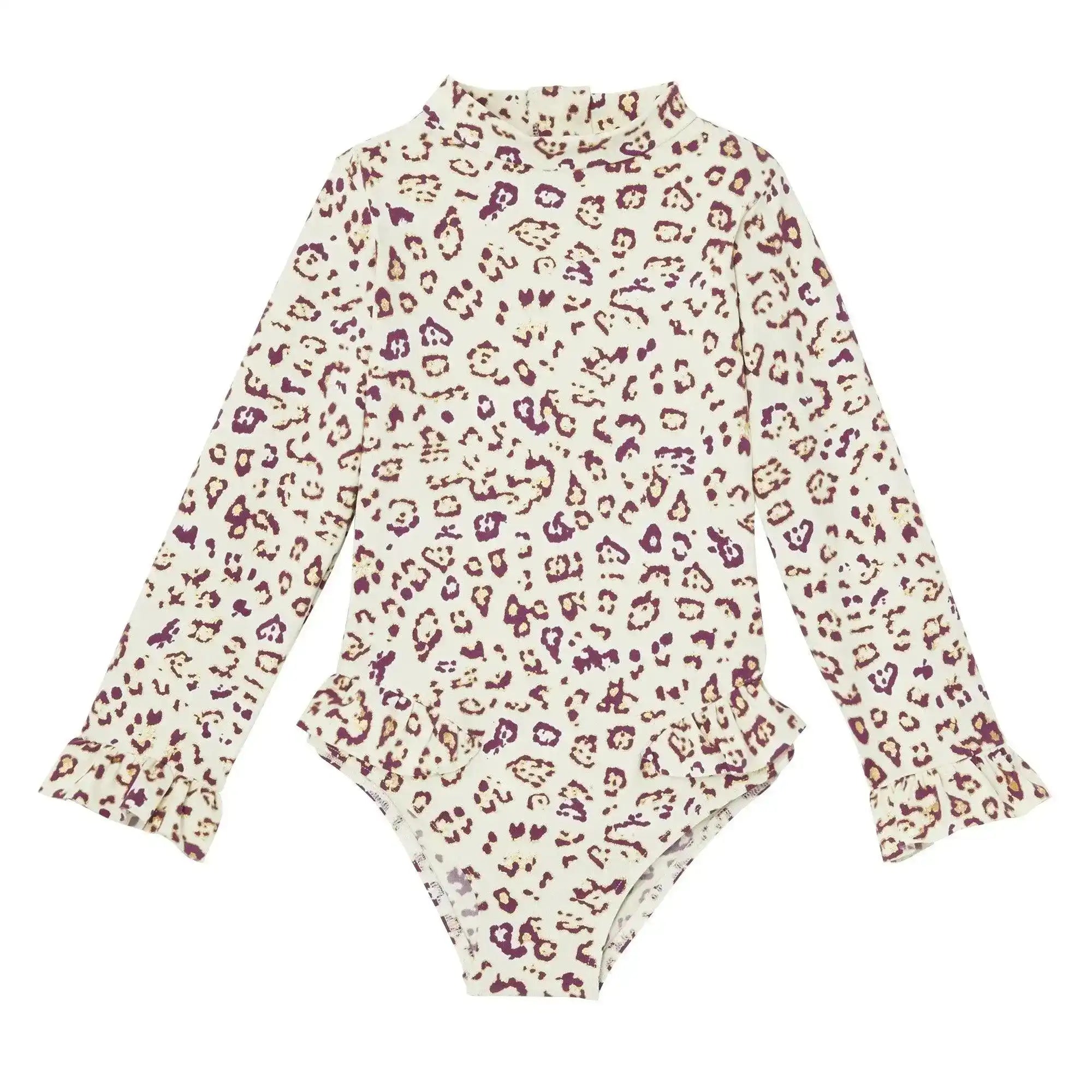 Girls' baby long sleeve swimsuit with ruffled cuffs and leopard print pattern