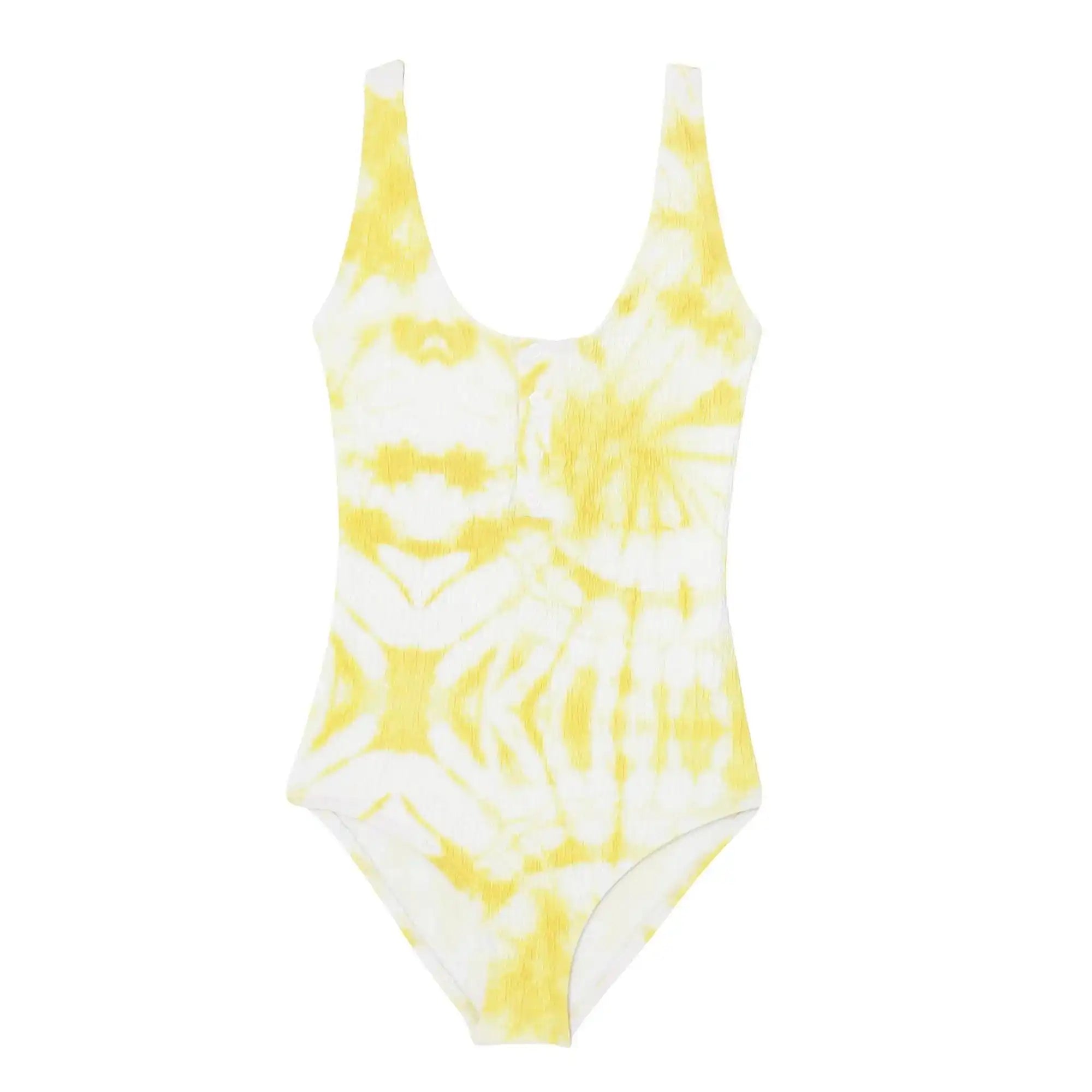 Girls' yellow tie-dye one-piece UV swimsuit by Lison Paris on white background