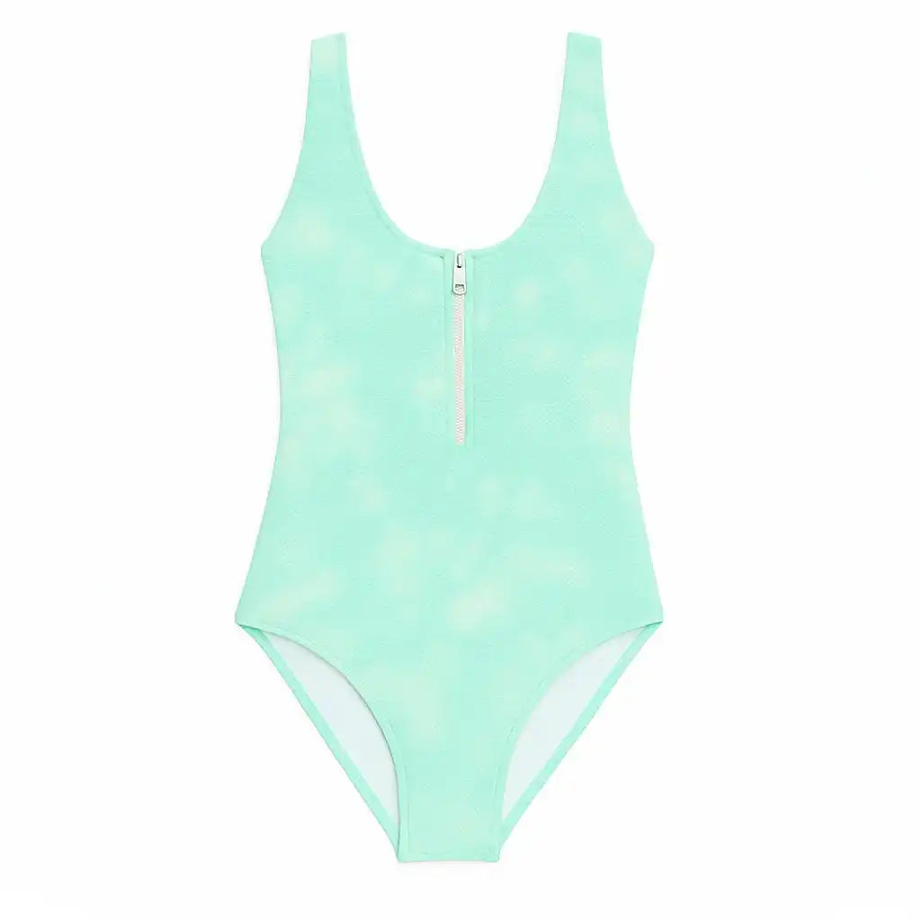 Girls' one-piece mint green tie-dye UV-protective swimsuit with front zipper by Lison Paris