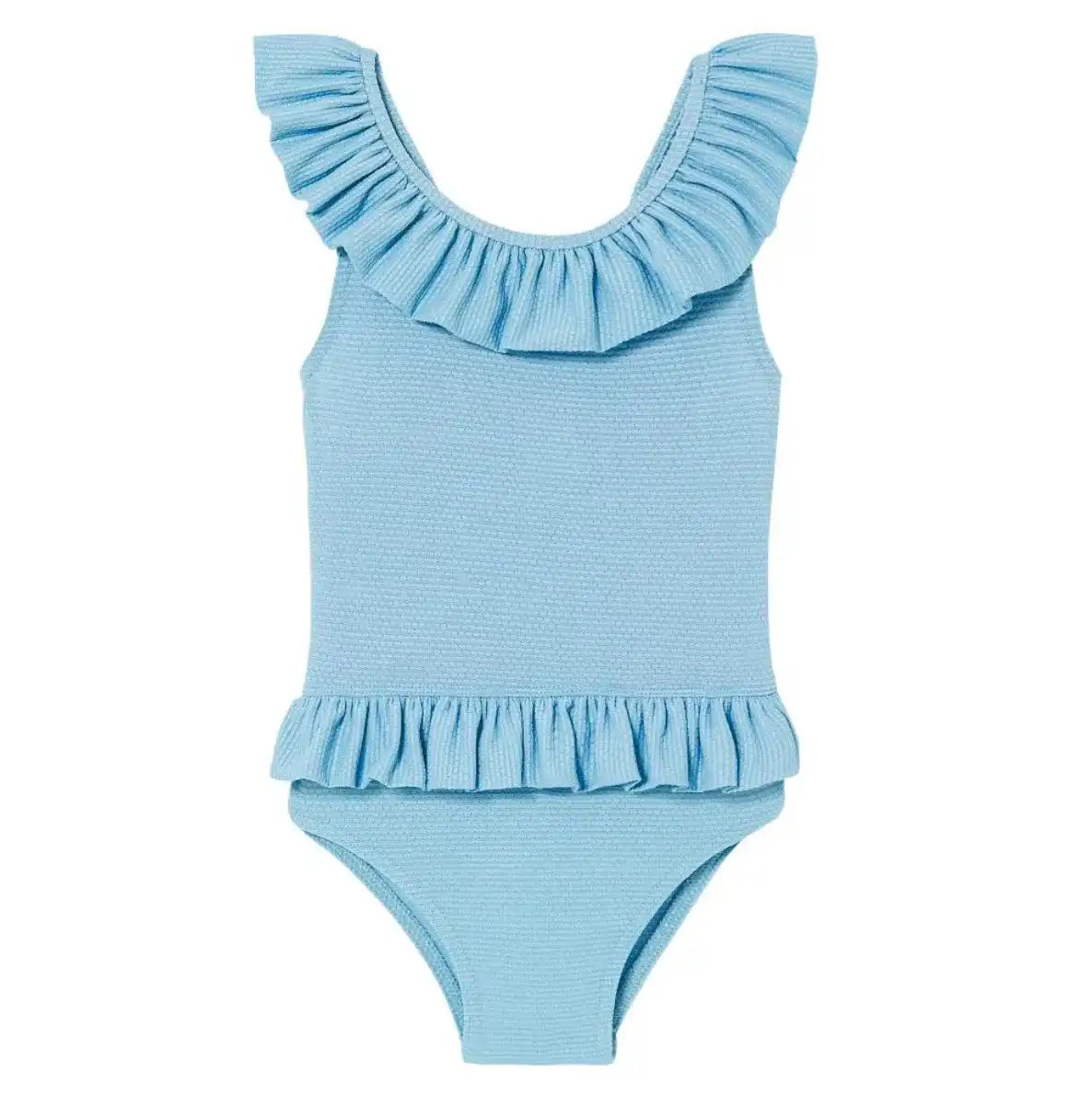 Light blue baby girl one-piece swimsuit with ruffle details, Lison Paris swimwear