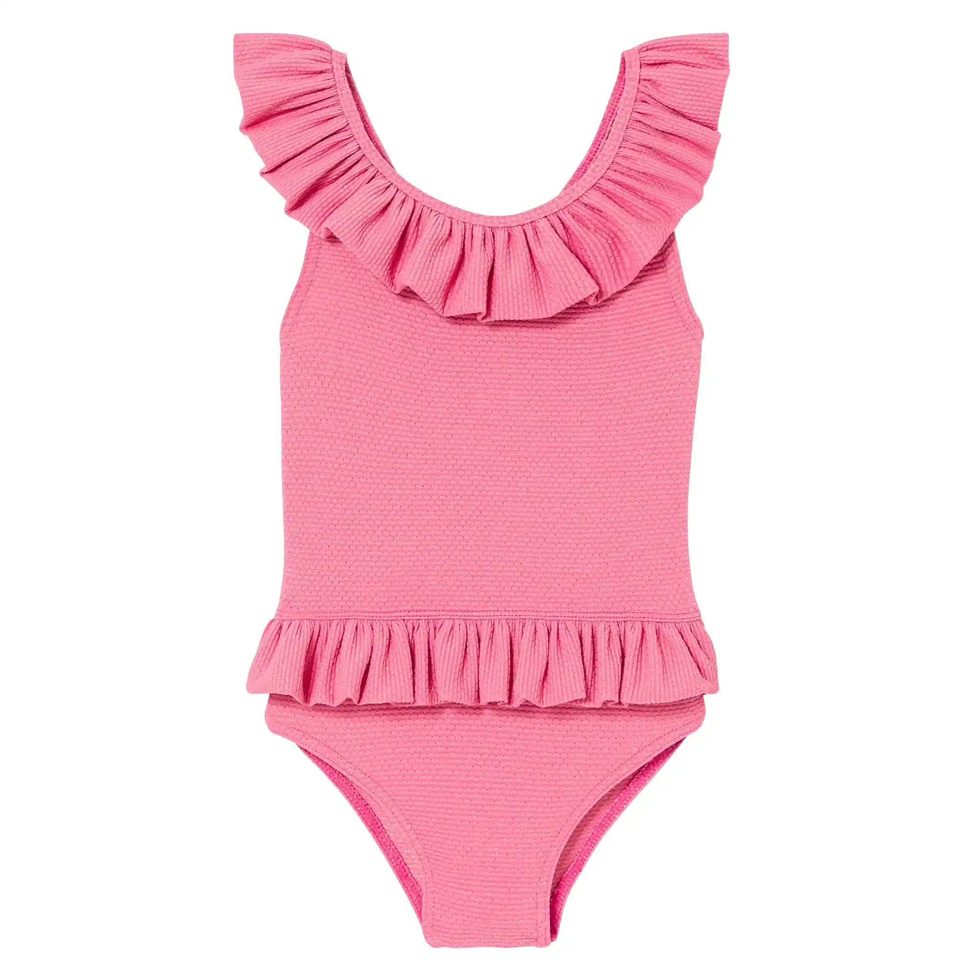 Pink baby girl one-piece swimsuit with ruffles by Lison Paris, textured fabric, beachwear