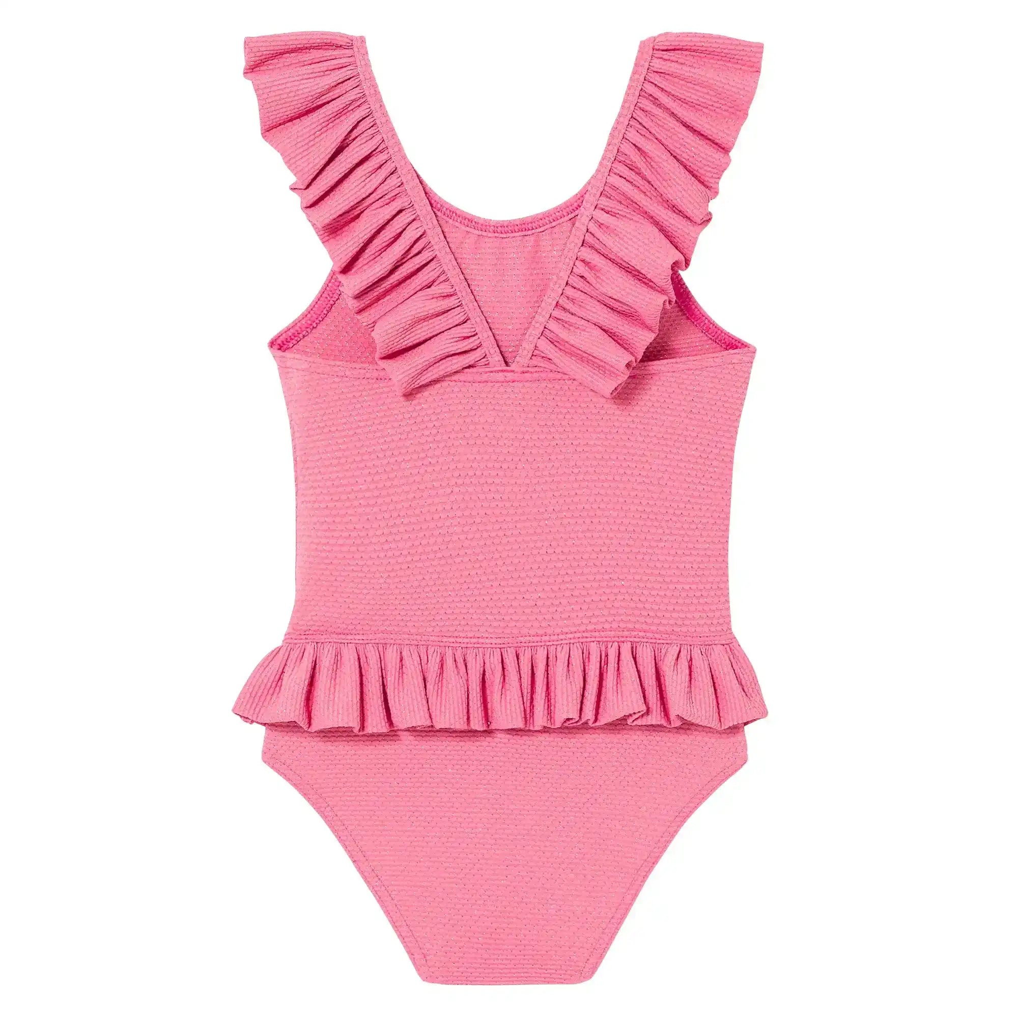 Pink baby girl one-piece swimsuit with ruffled straps and waist, textured fabric